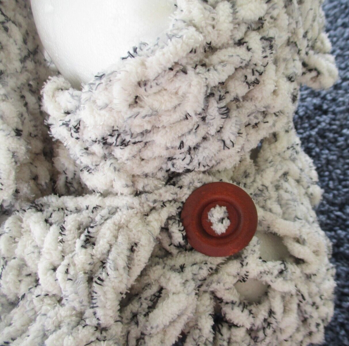 Lady's Crochet Scarf BLACK & OFF WHITE Accent Squares Wood Color Button Adult Sz