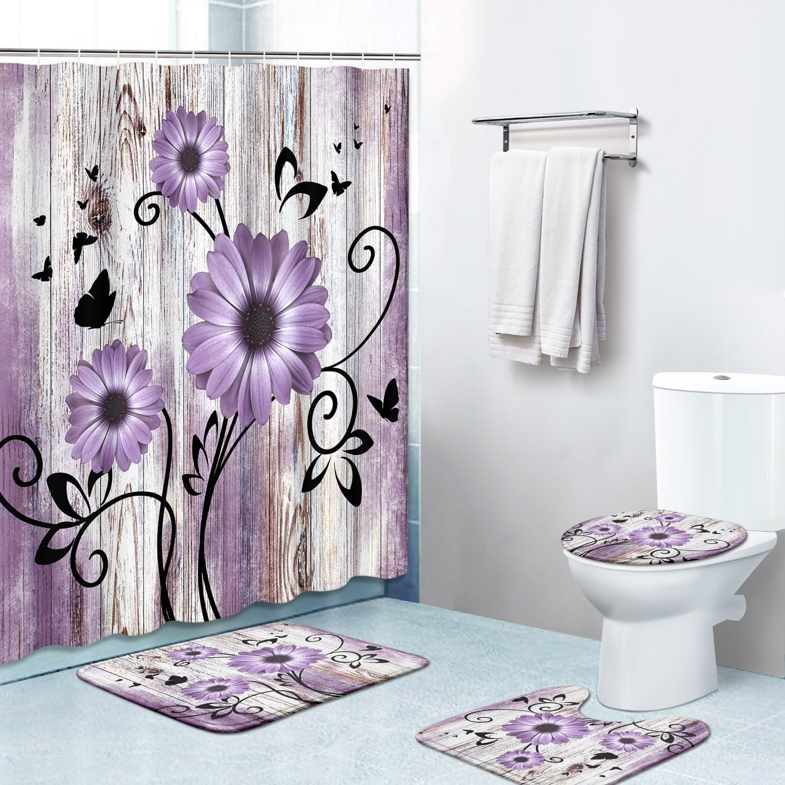 4 Piece Shower Curtain Sets, Purple Daisies Flowers Worn Wood with Non-Slip R...