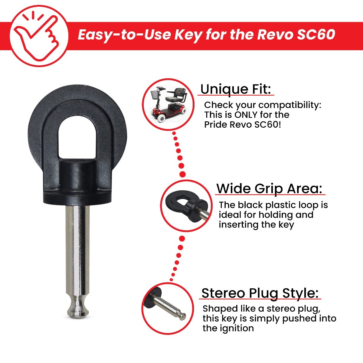 Key (Stereo Plug Style) with Loop Head for Pride Mobility Scooters (KEYSCO1005)