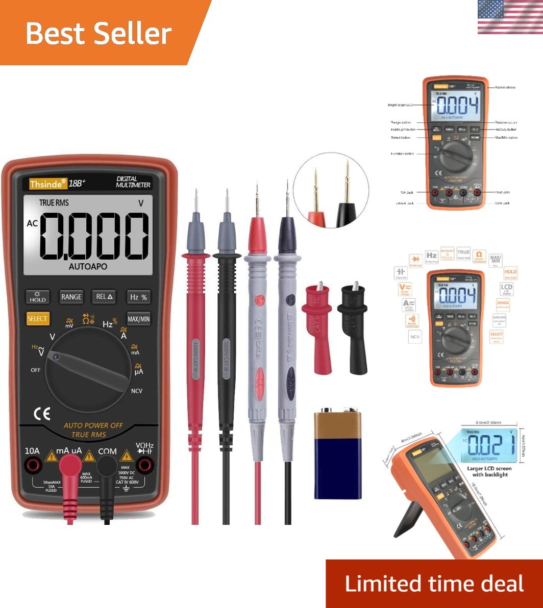 Battery Powered Digital Multimeter with Backlit Display & 10 Testing Functions