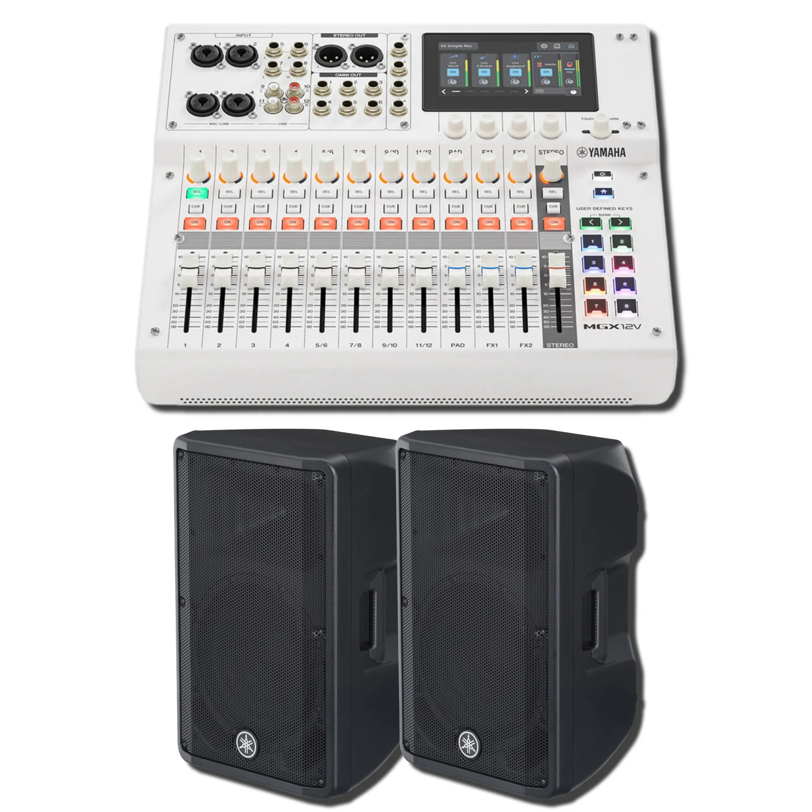 Yamaha MGX12V W 18-Ch Digital Mixer w/ 2x DBR12 1000W Powered Speakers Bundle