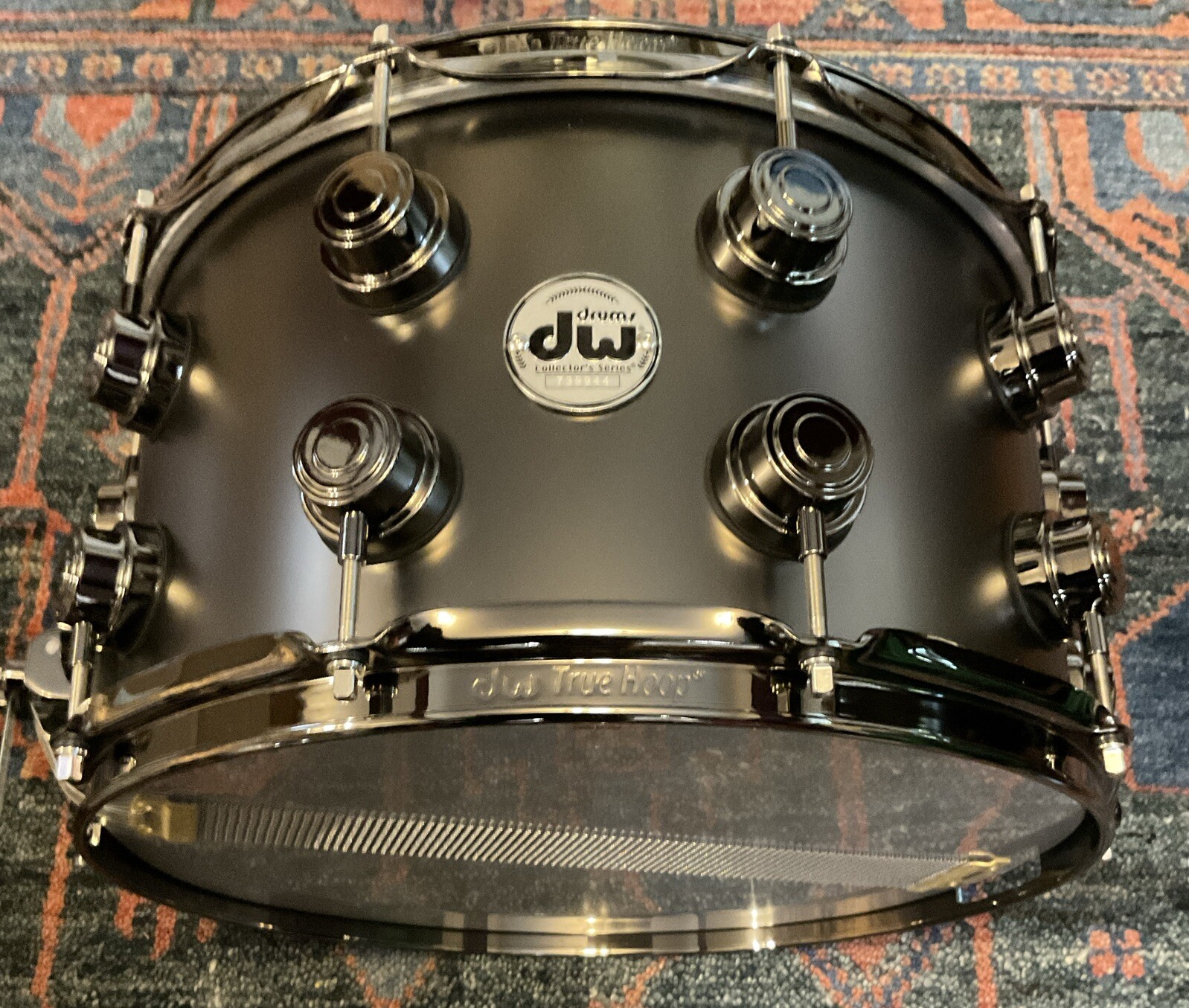 DW Collectors Series Satin Black Over Brass 8x14 Snare Drum w/ Black Nickel Hw