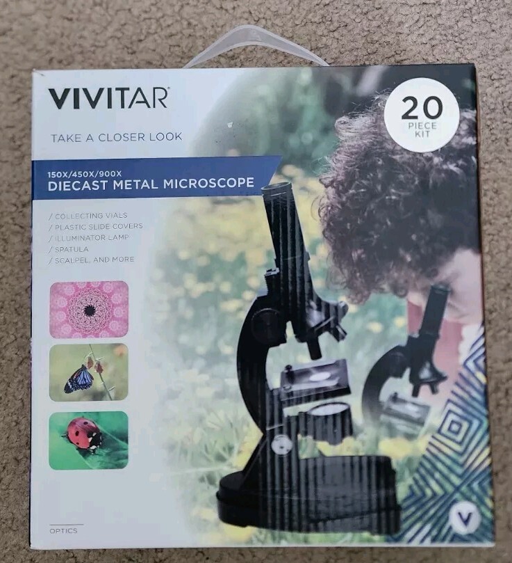 NEW Vivitar Diecast Metal 20 Piece Microscope Set 150x/450x/900x Zoom