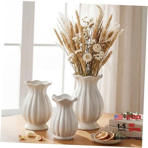 White Ceramic Vase Set of Small Rustic Decorative 5.7, 6.7, 7.9in 3 Elegant