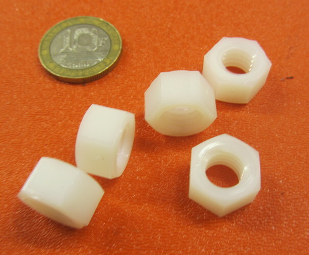 Hex Nut, Natural Nylon Plastic, 3/8"-16 Thread x 9/16" W x 21/64", 50 Pcs