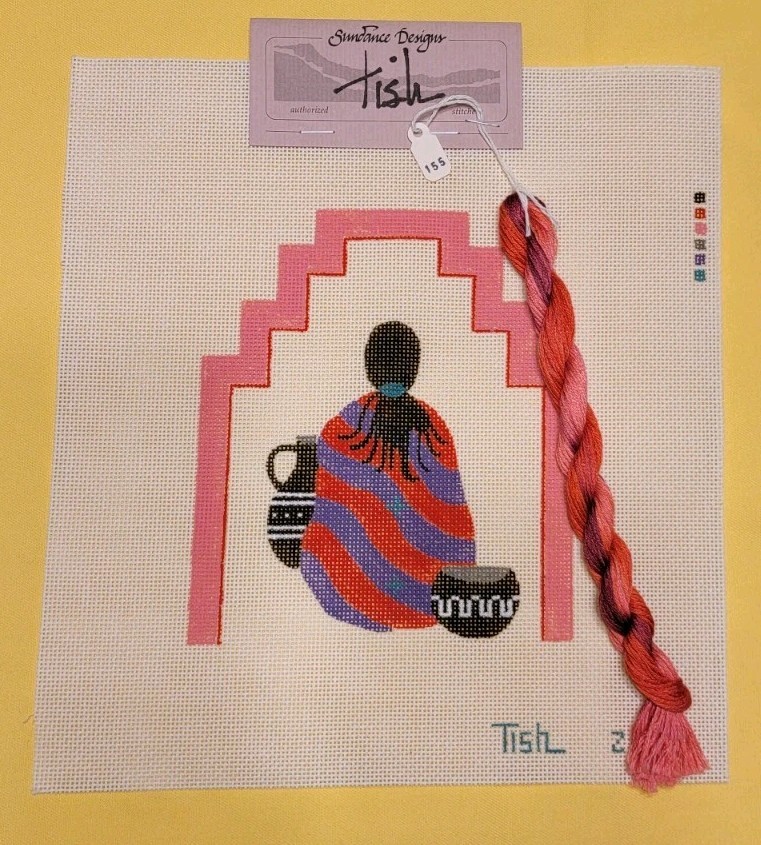 Sundance Designs Needlepoint Handpainted Canvas Tish Woman With Pottery Pink Red