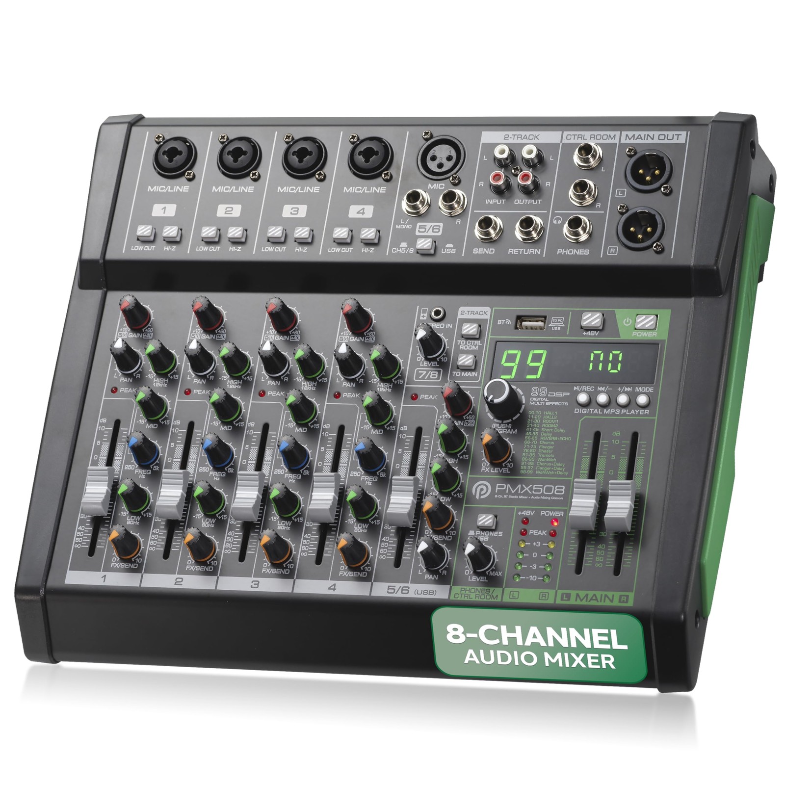 Pyle 8 Channel Audio Mixer - 4 XLR Combo Mic Inputs, 8 Channel, Black