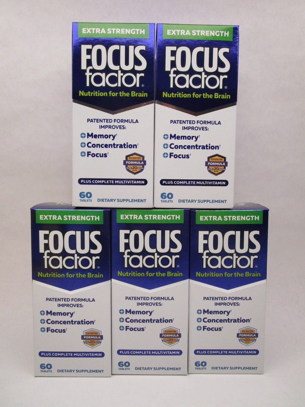 5 x Focus Factor Extra Strength Multivitamin Brain Health 60 Count Bottle 2/28
