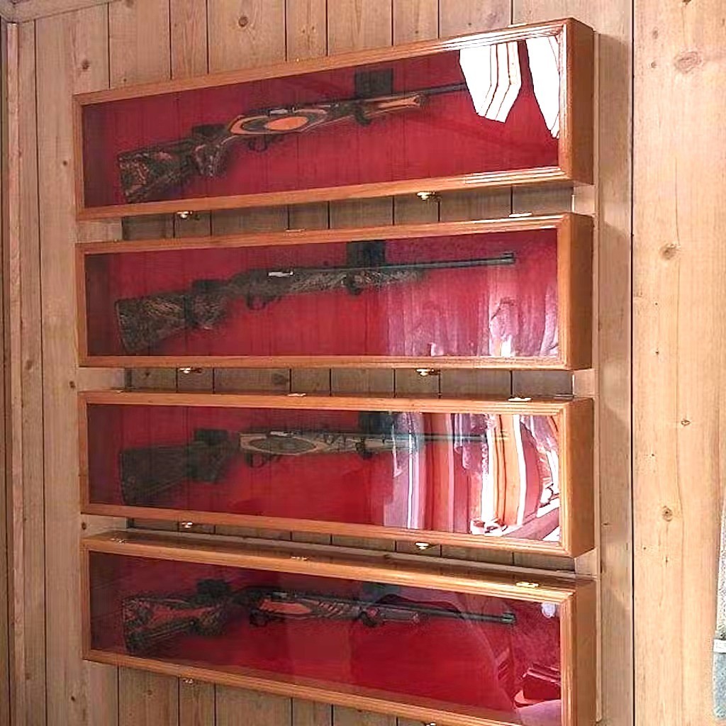 Gun Display Case 4 Pack Rifle Oak Solid Wood Shotgun Lock Shadow Box 44" Cabinet