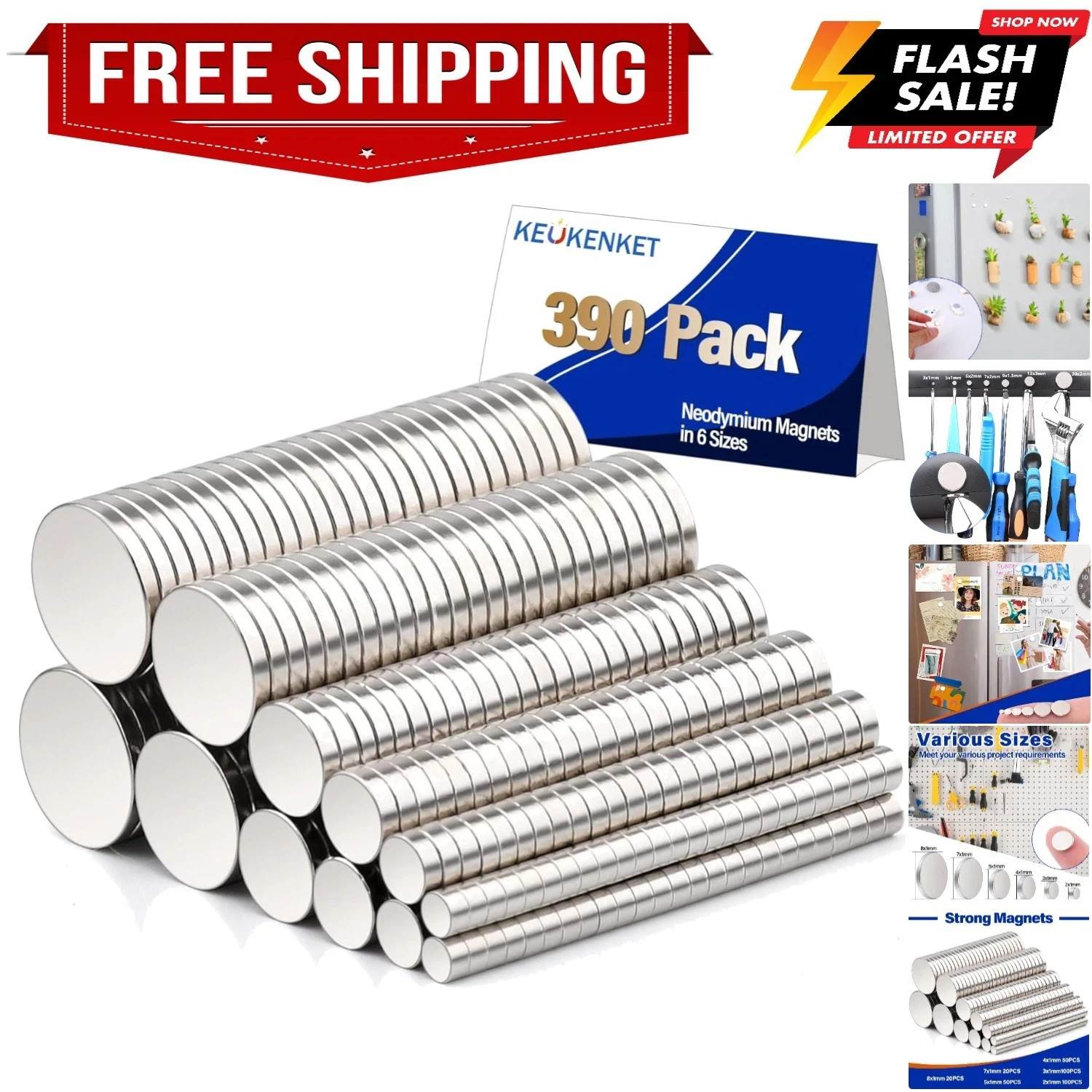 390PCS Small Strong Magnets in 6 Different Sizes,Neodymium Disc Magnets Heavy...