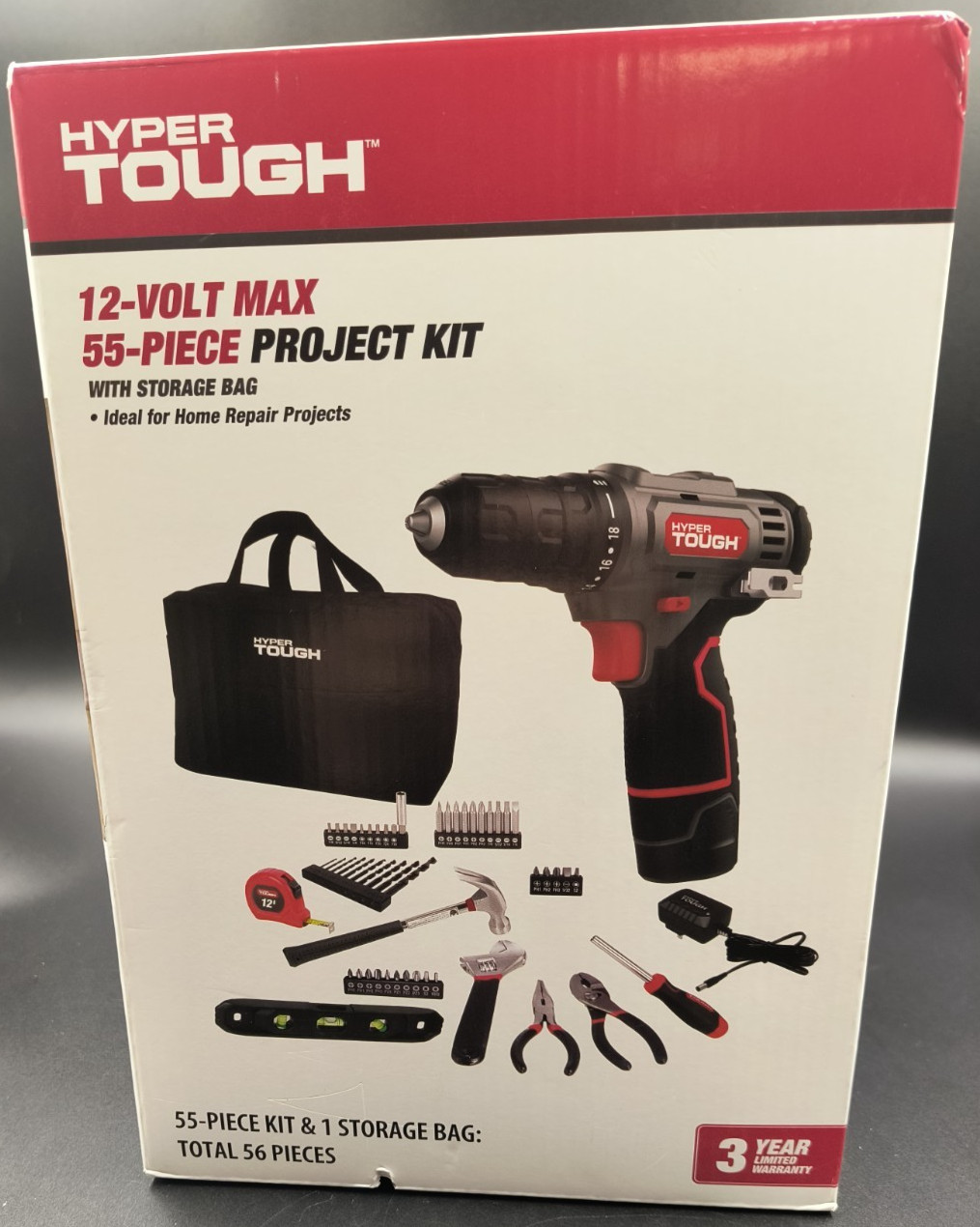Hyper Tough 12v Max Lithium-Ion Cordless Drill 3/8" Keyless 56-Piece Project Kit