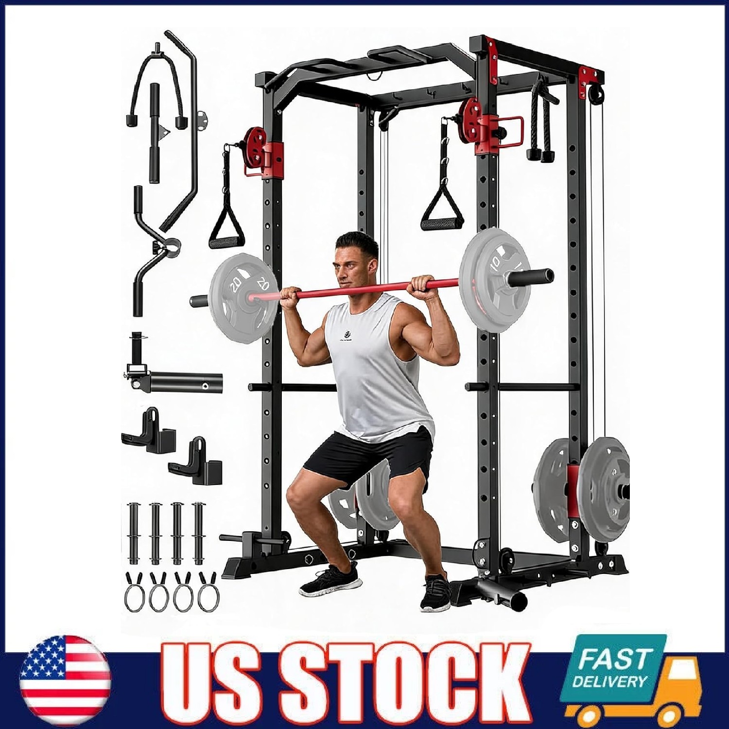 Power Cage Power Rack with LAT Pull Down & Cable Crossover Workout for Home Gym