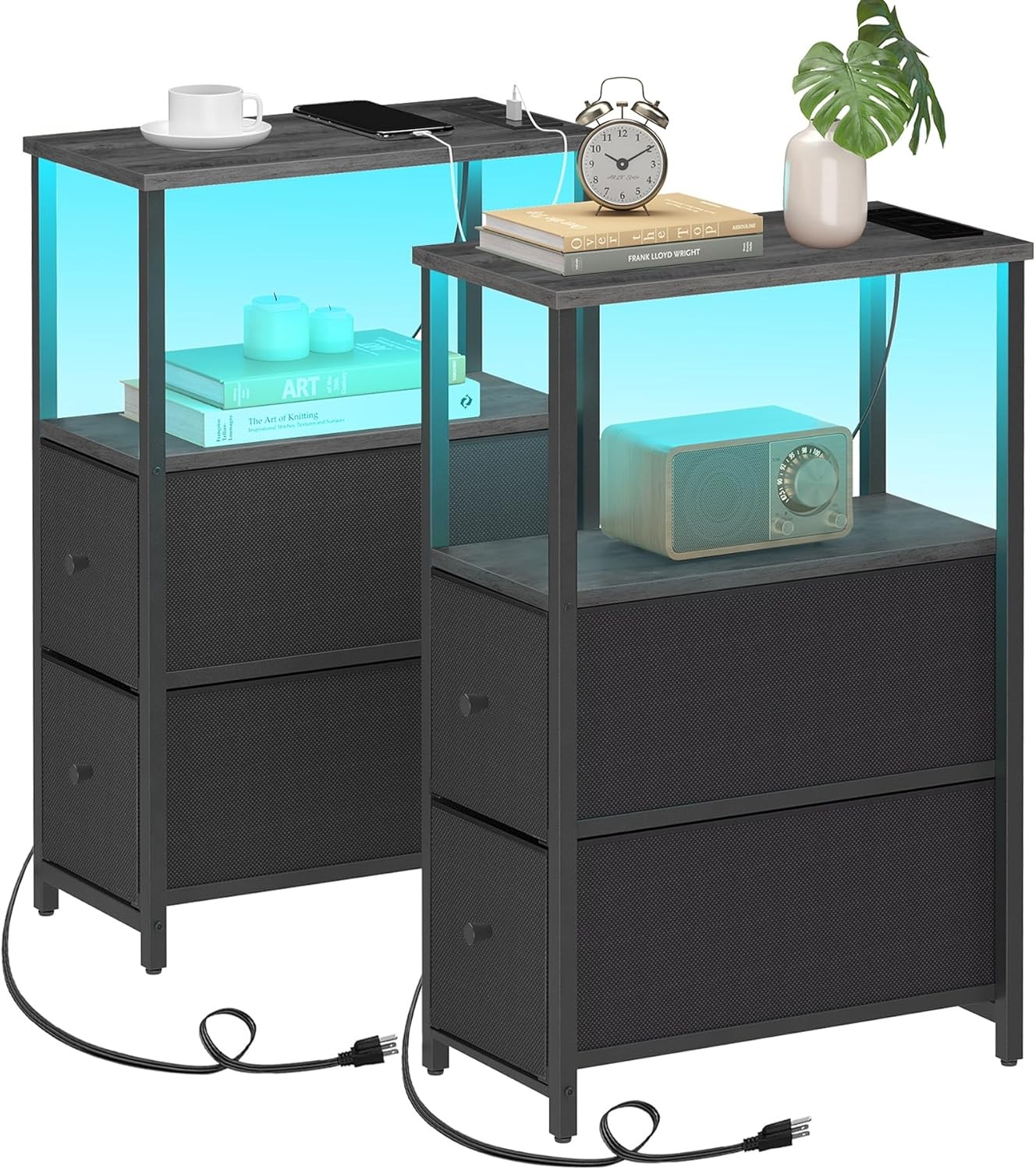 Small Narrow LED End Table W/ Charging Station Side Table Outlets Nightstand New