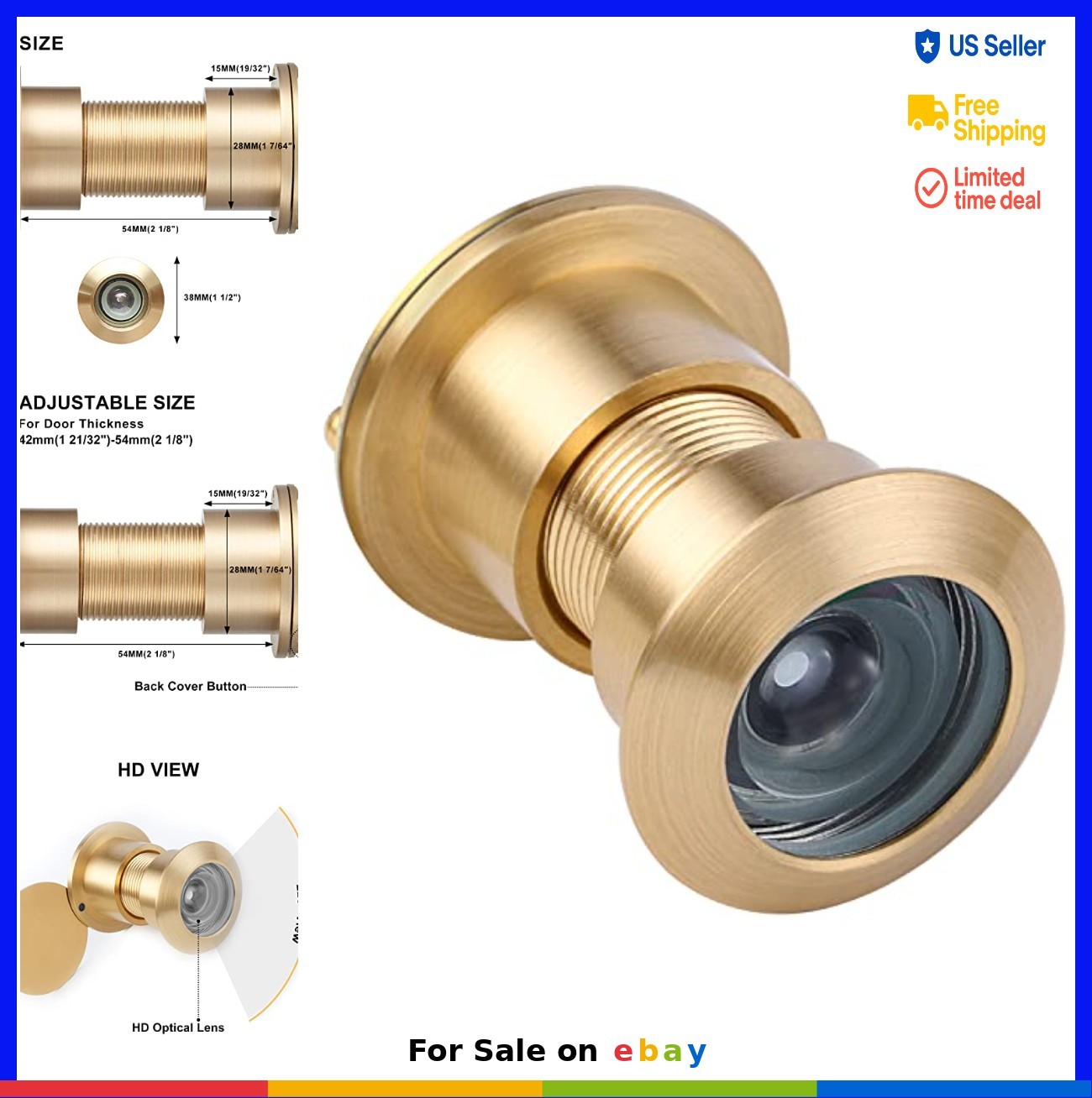 Door Viewer Peephole Solid Brass 220 Degree HD Lens Privacy Cover Satin Gold