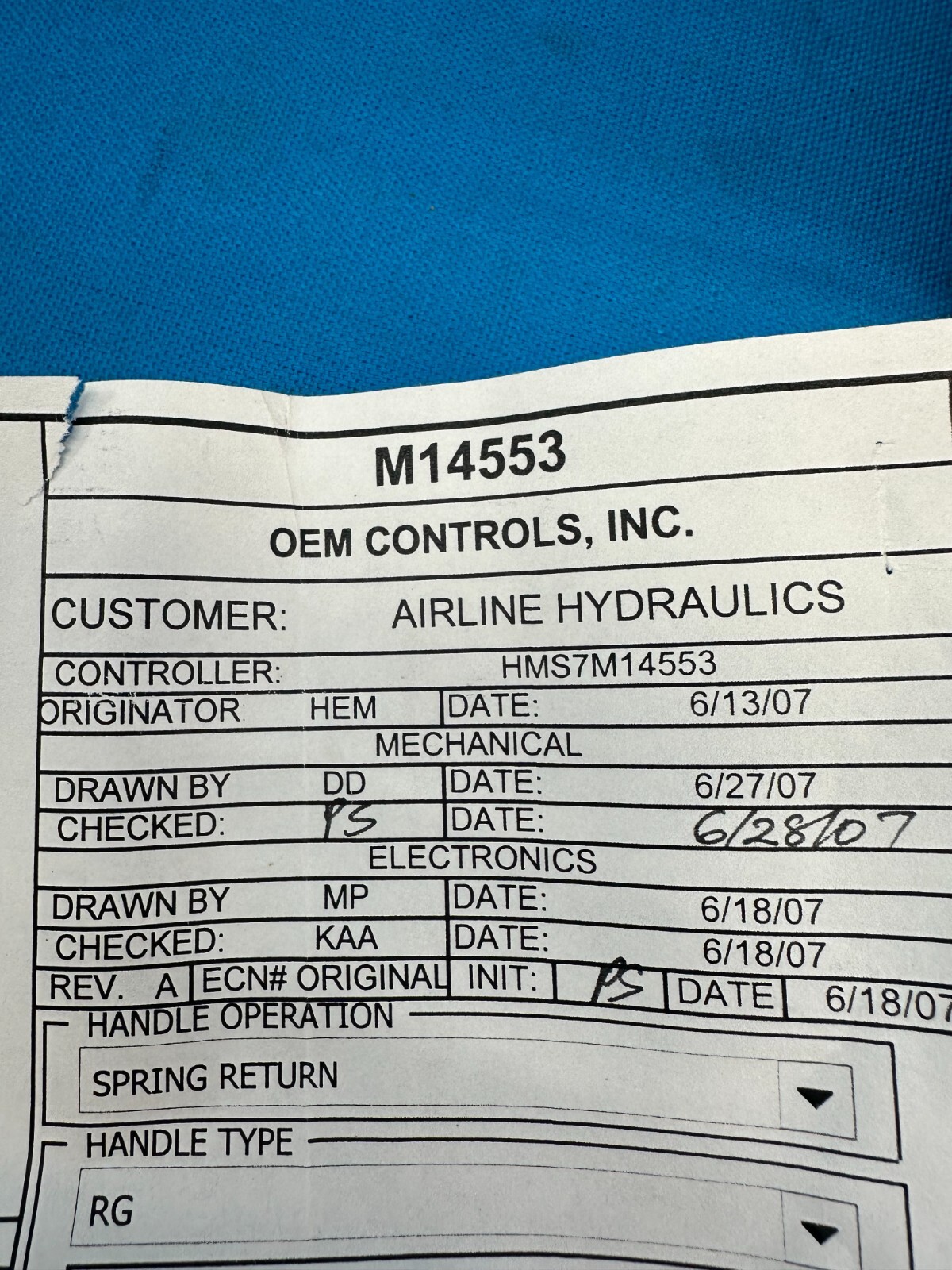 OEM Controls Airline Hydraulics Single-Axis Joystick Controller M14553