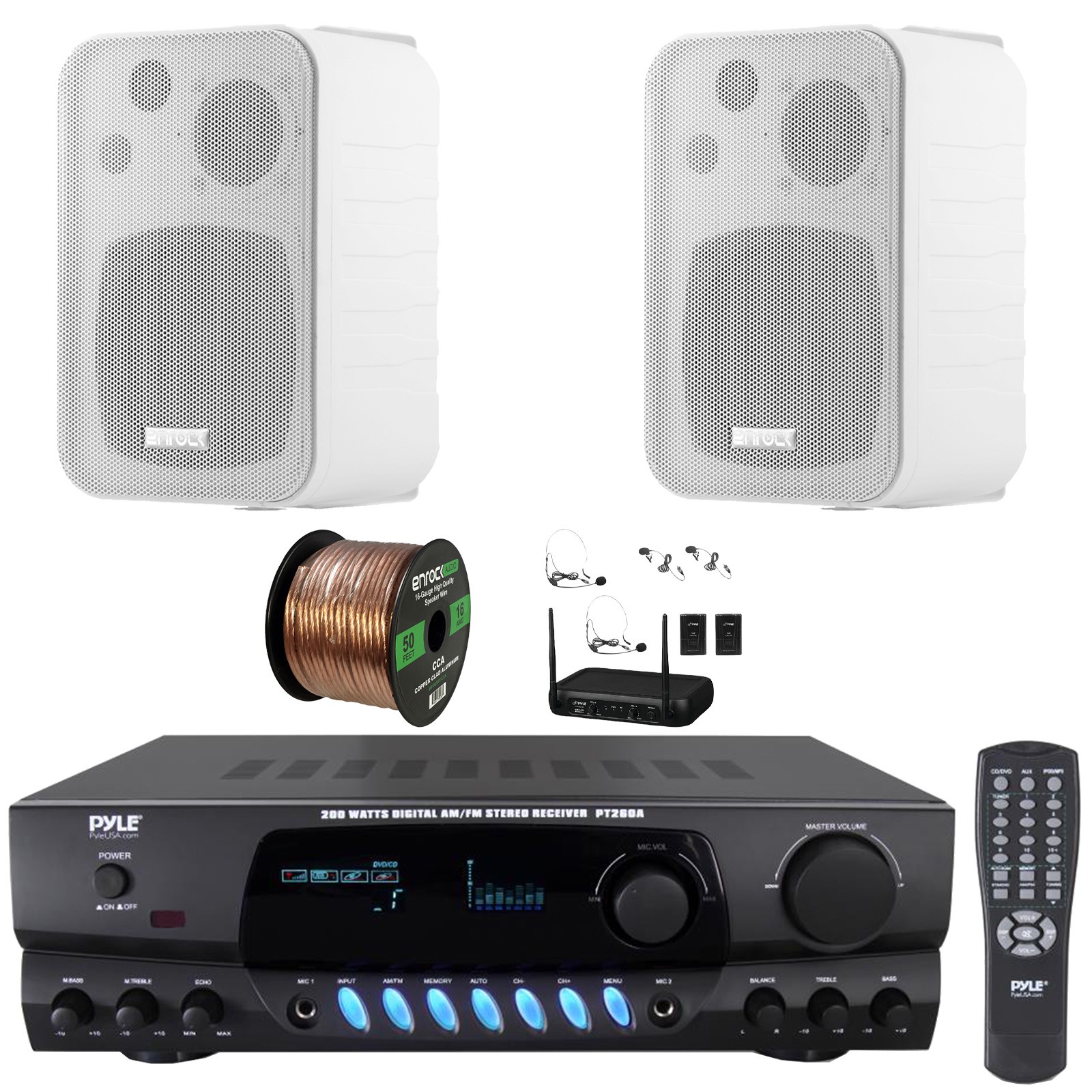 Pyle PT260A Display Screen Receiver, 2x 4" 30W White Box-Speakers, Mic System