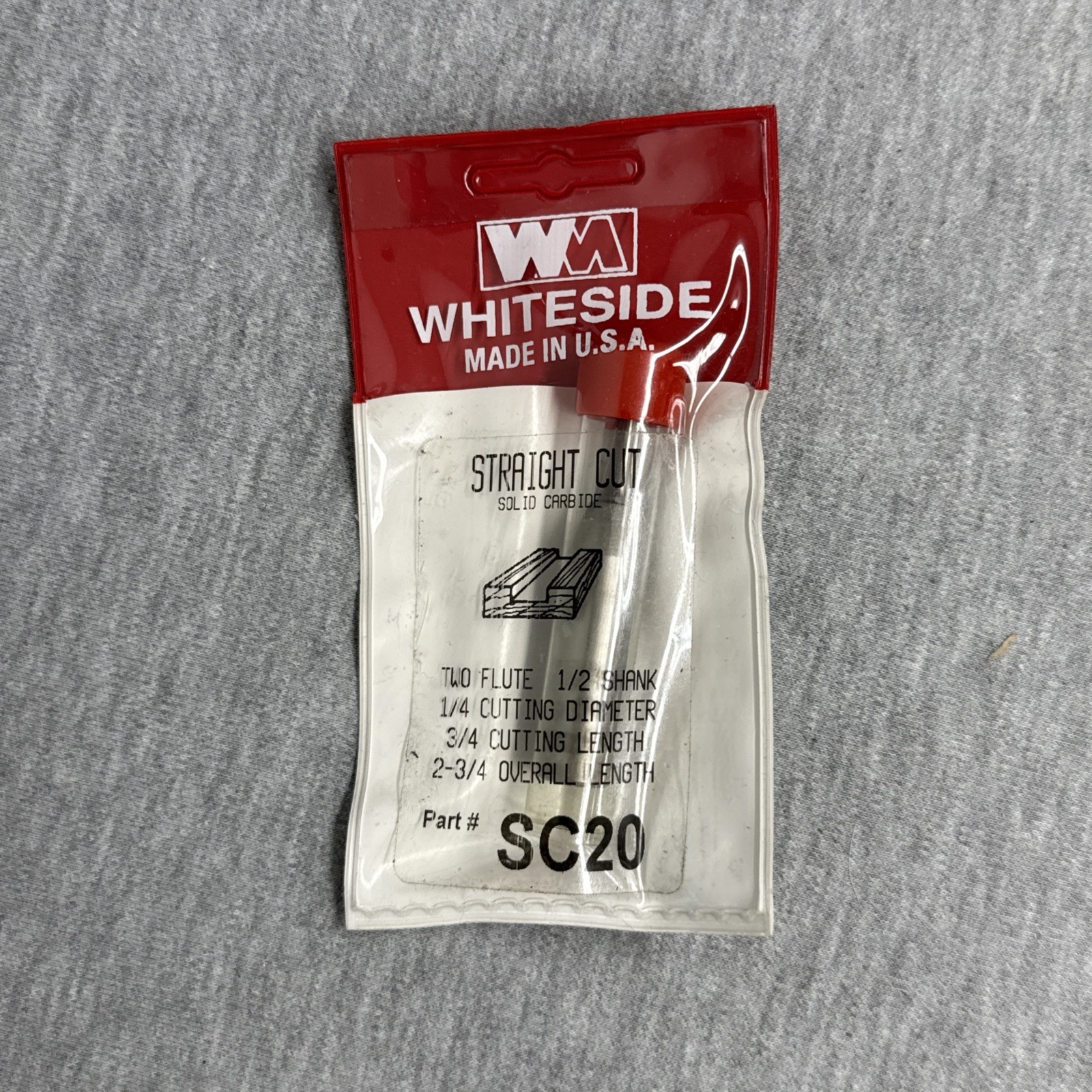 Whiteside SC20 Solid Carbide Straight Bit, 1/2 in. SH x 1/4 in. CD x 3/4 in. CL