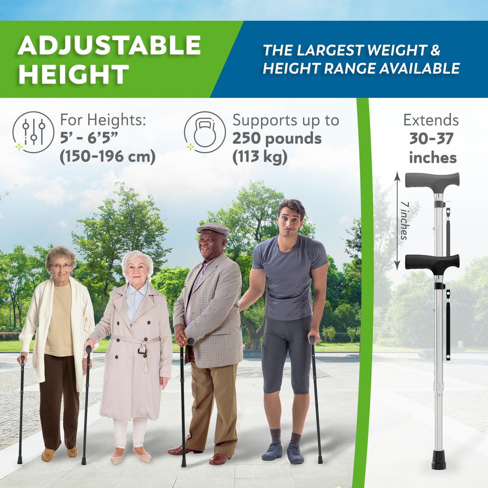 Folding Walking Cane Adjustable Heavy Duty Single Tip for Seniors 250lb