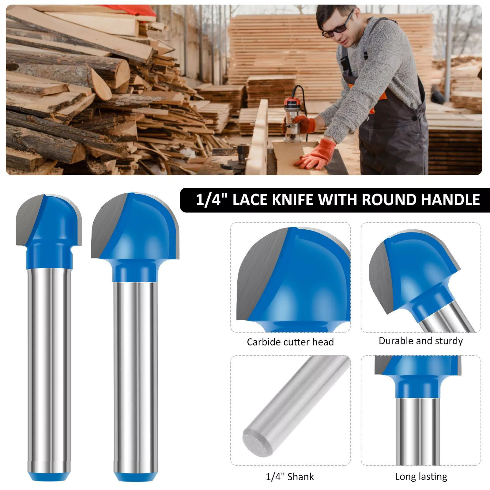 4Pcs/Set 1/4 inch Shank Solid Carbide Round Nose Router Bit Replacement