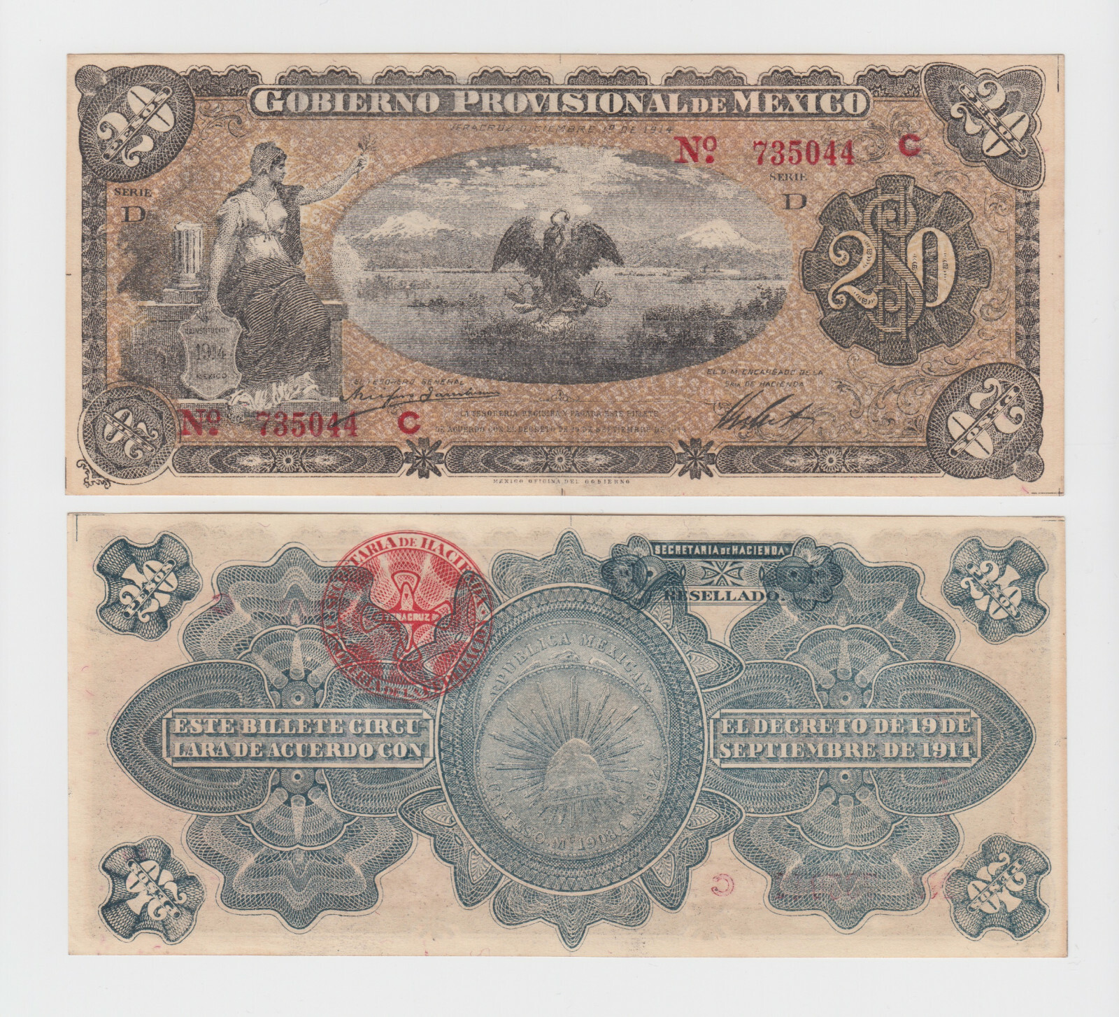 MEXICO-GOBIERNO PROVISIONAL  20 PESOS 1914  ALMOST UNCIRCULATED  LOW SHIPPING