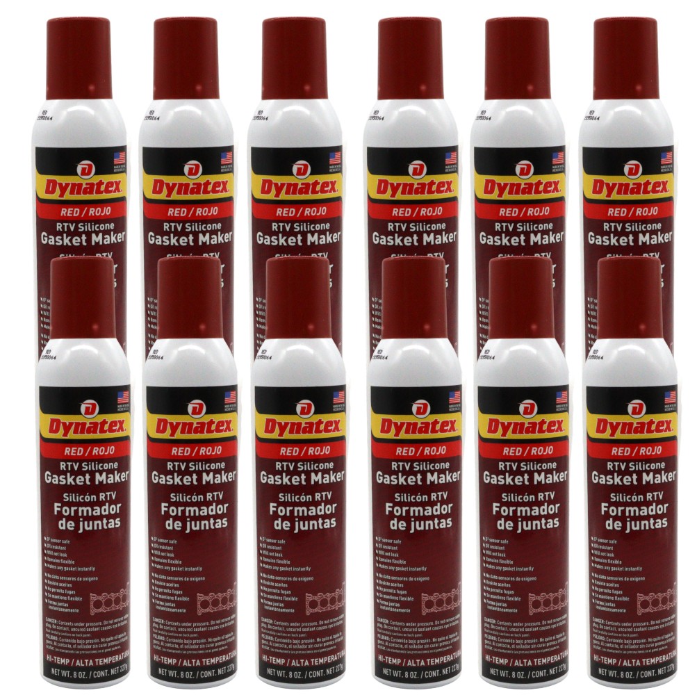 Dynatex Red Hi-Temp RTV Gasket Maker 8oz auto can - Sensor Safe, 650°F (12-Pack)