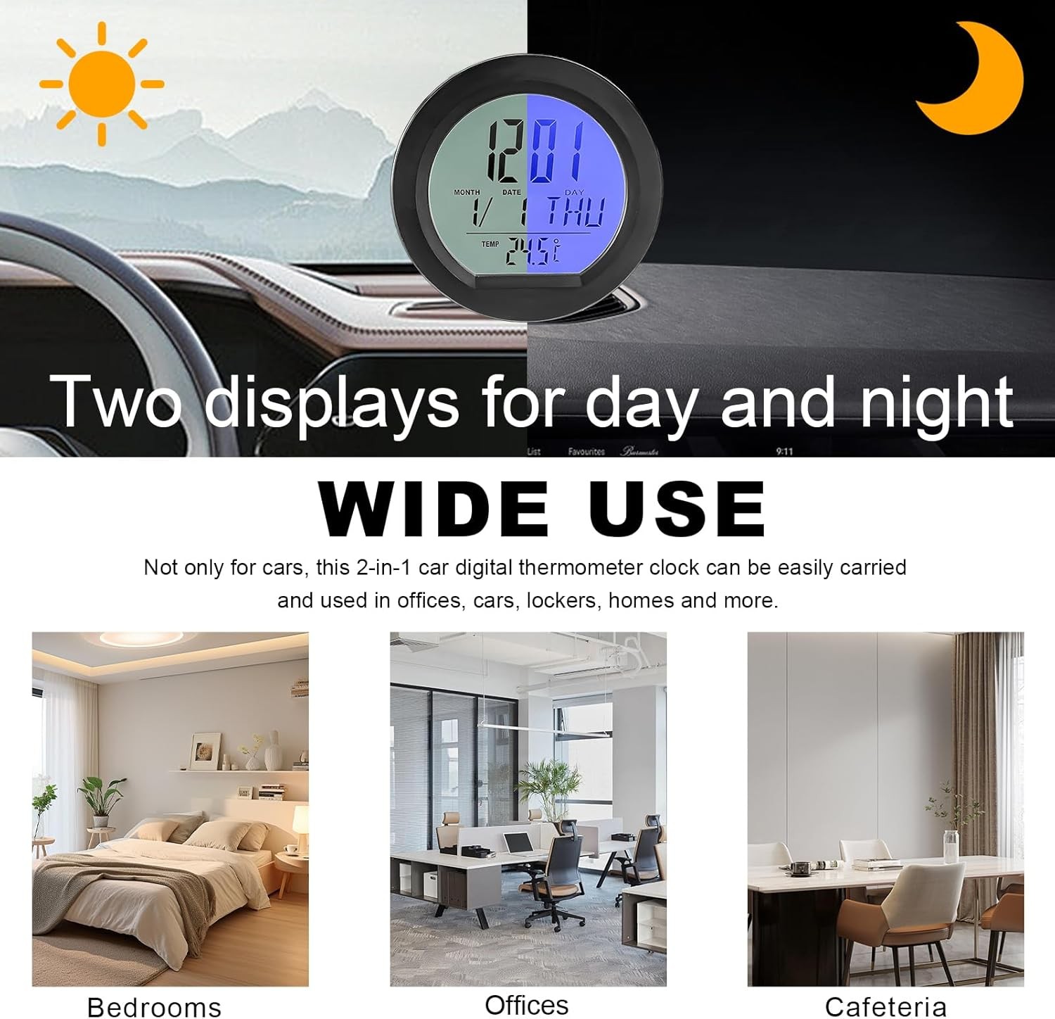 Car Digital Thermometer Clock, Dashboard Clock w Color: Standard Digital Clock