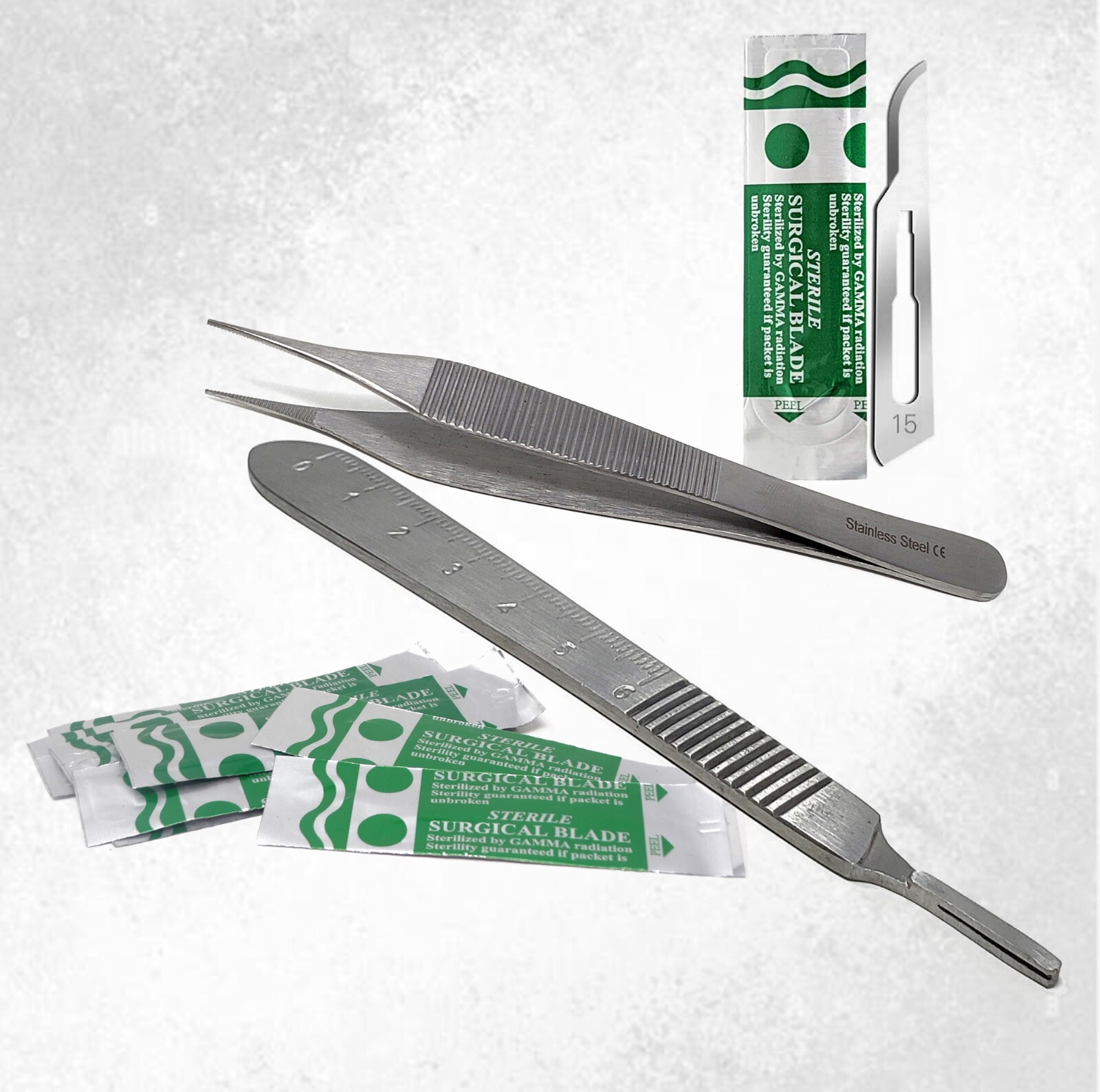 ADSON DRESSING FORCEPS SERRATED 4.75" +SCALPEL HANDLE #3+ 10 SURGICAL BLADES #12