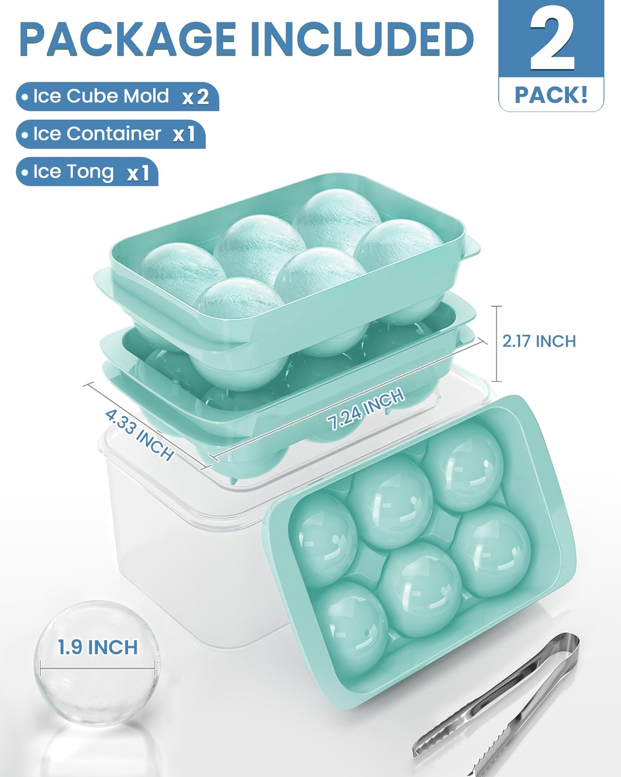 Large Ice Cube Tray for Freezer - 2 Pack Stackable Round 1.93 In, Mint
