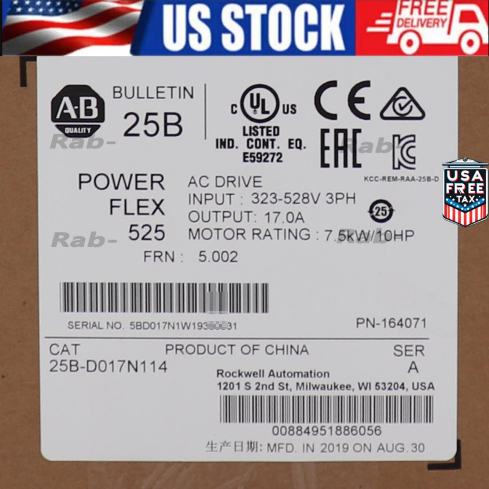 Allen Bradley 25B-D017N114 AB PowerFlex525 7.5kW/10HP AC Drive US Free Tax