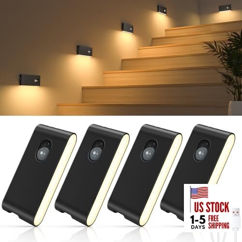 Motion Sensor Night Lights, Wireless Stair Lights Indoor, Battery 4 Pack Black