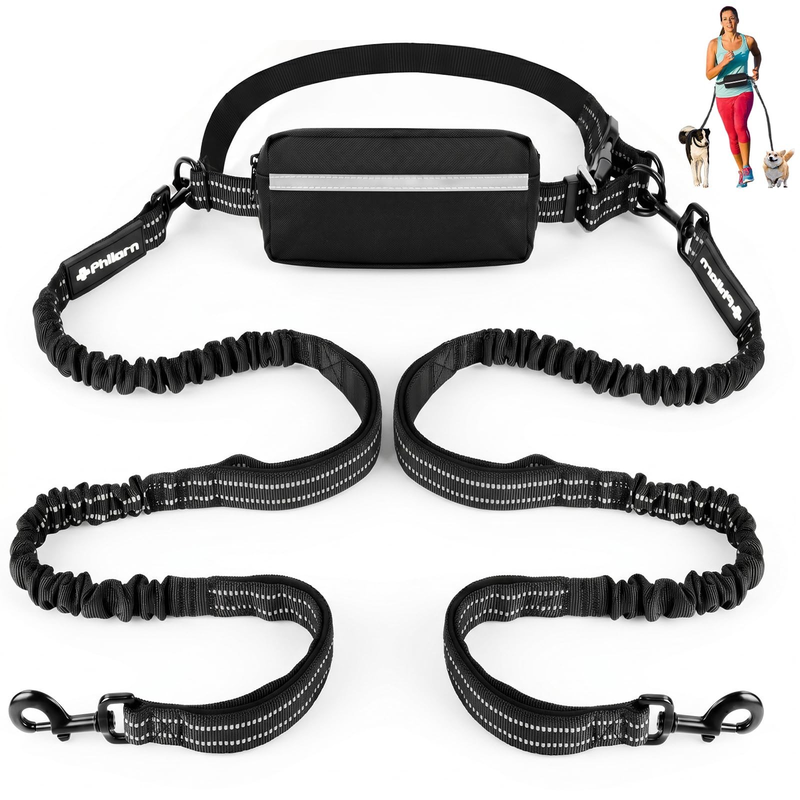 Philorn Hands Free Dog Leash for 2 Dogs, Adjustable Waist Leash for Medium La...