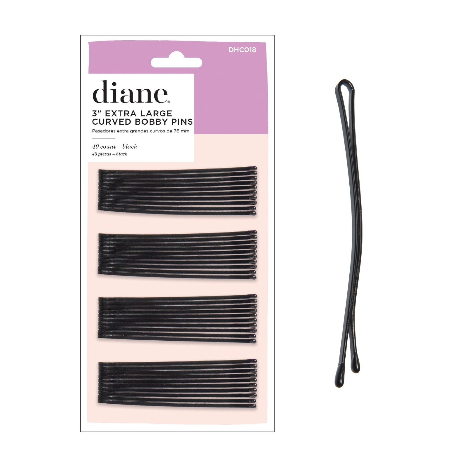 Diane XL 3" Curved Black Bobby Pins 40-count for Thick Hair, Non Slip Profession