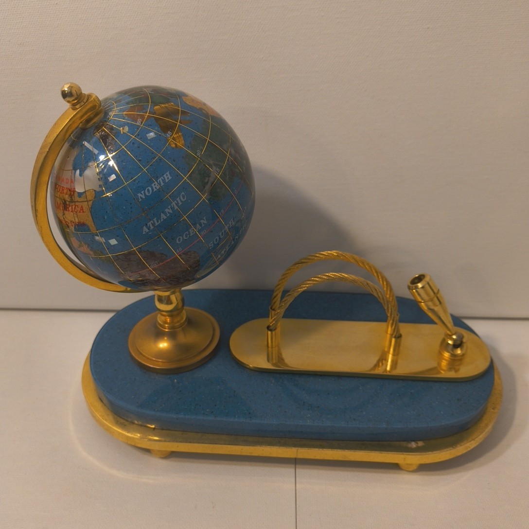 Desktop Lapis Organizer World Gemstone Globe Pen Holder Turquoise Blu Gold Tone