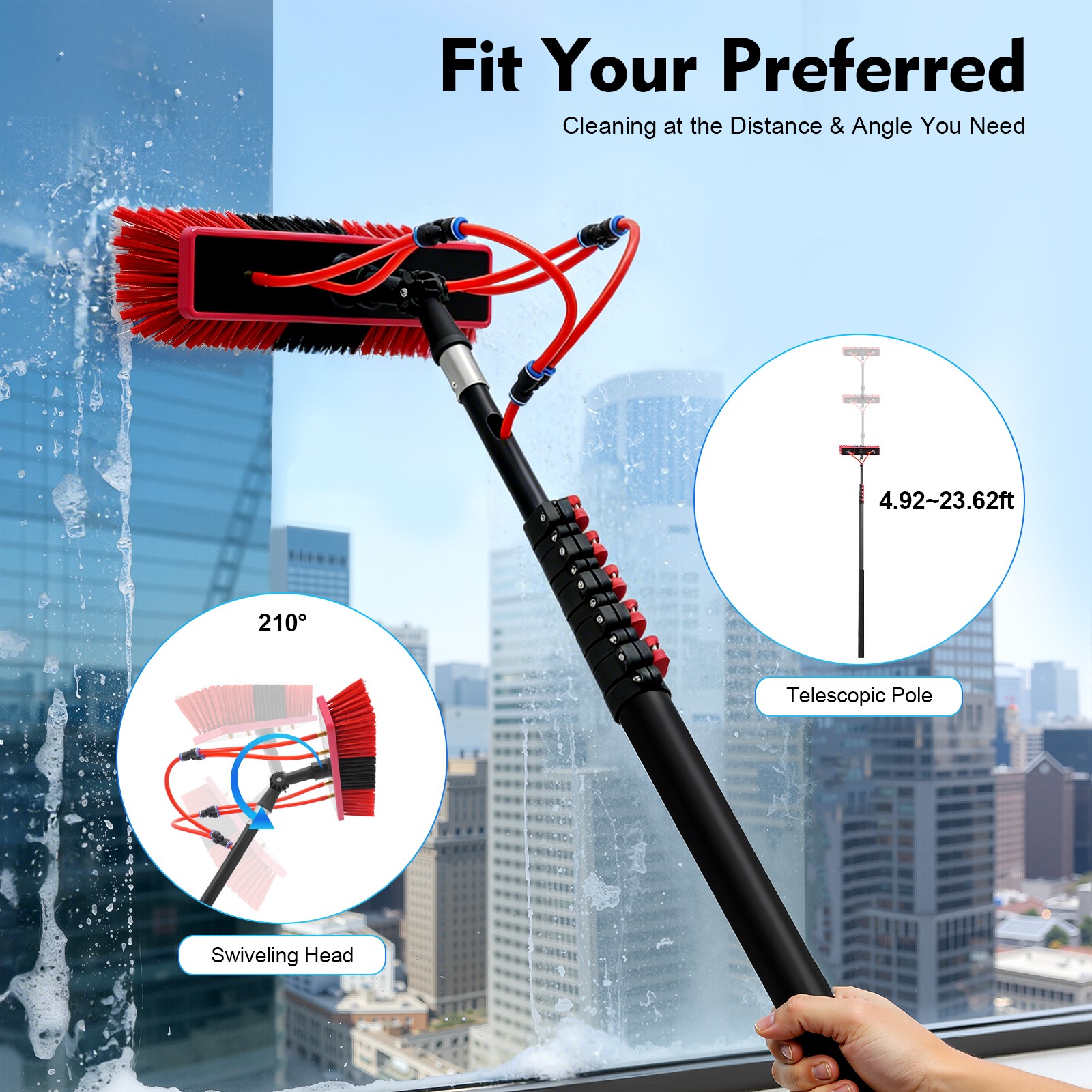 24ft Water Fed Pole Cleaning Brush Tool For Window Solar Panel Clean Washing