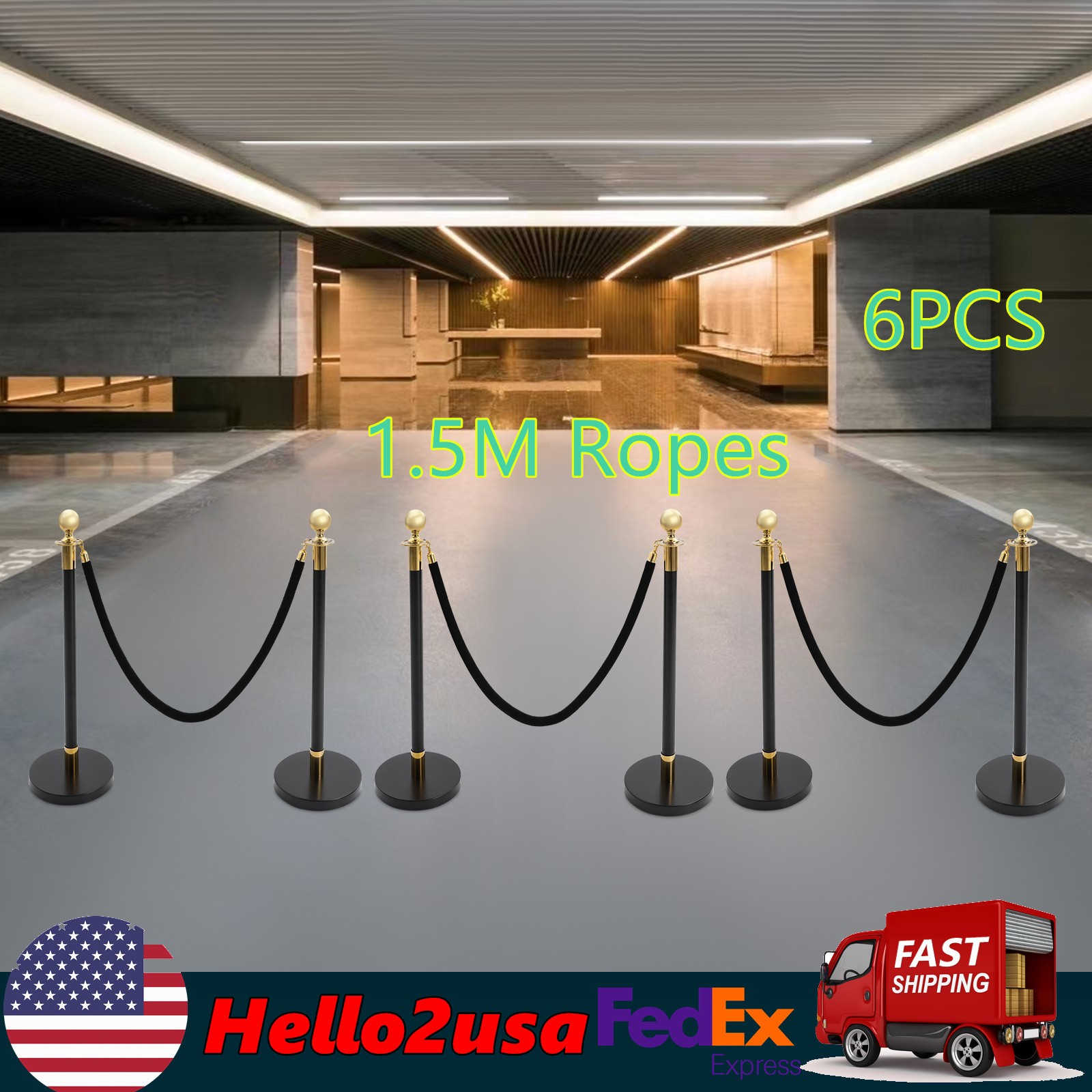 6PCS Black+Gold Stanchion Posts Queue Pole w/ 4 1.5M Ropes Crowd Control Barrier