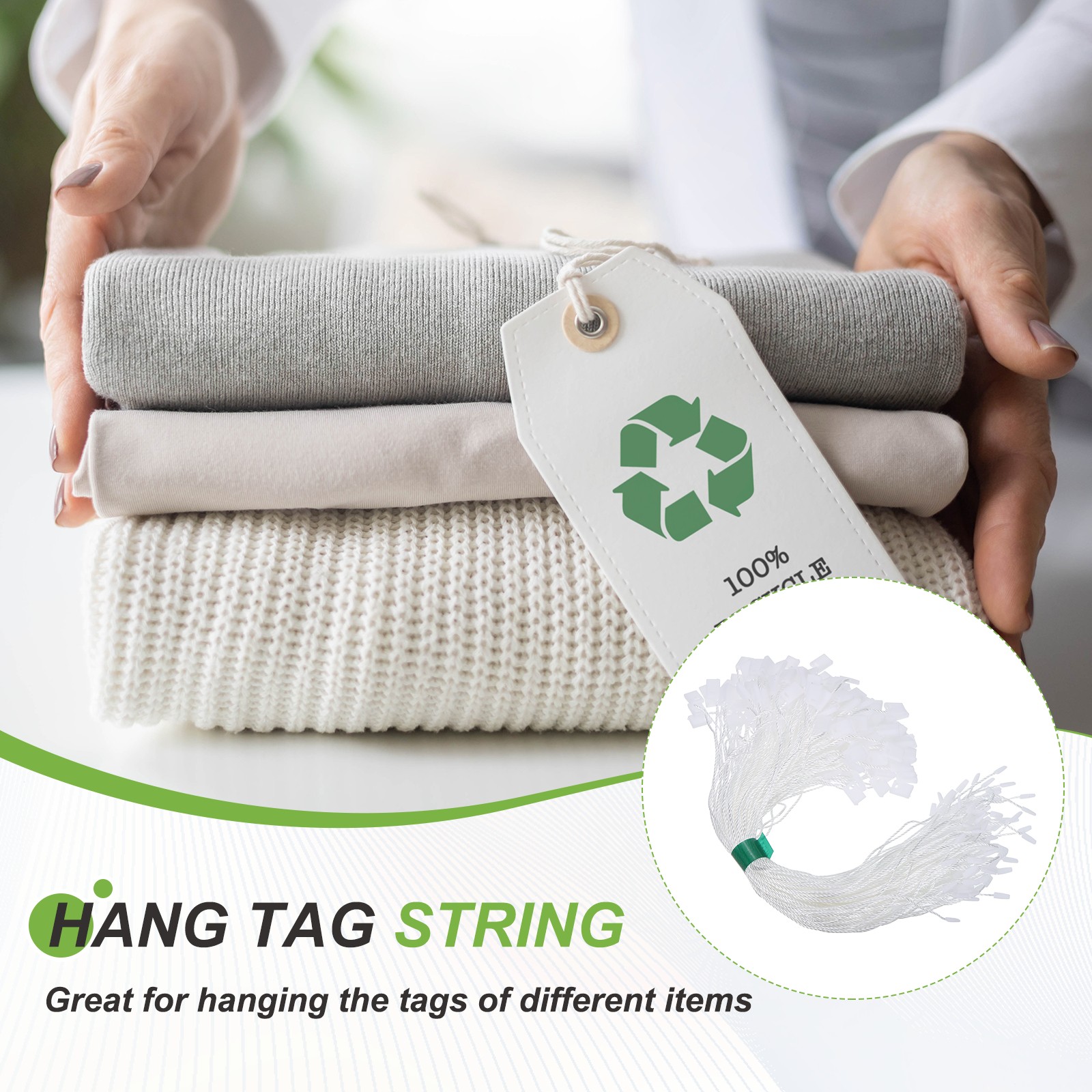 1000pcs Polyester Hang Tag String (7.9") - Plastic Snap Lock Pin Loop White