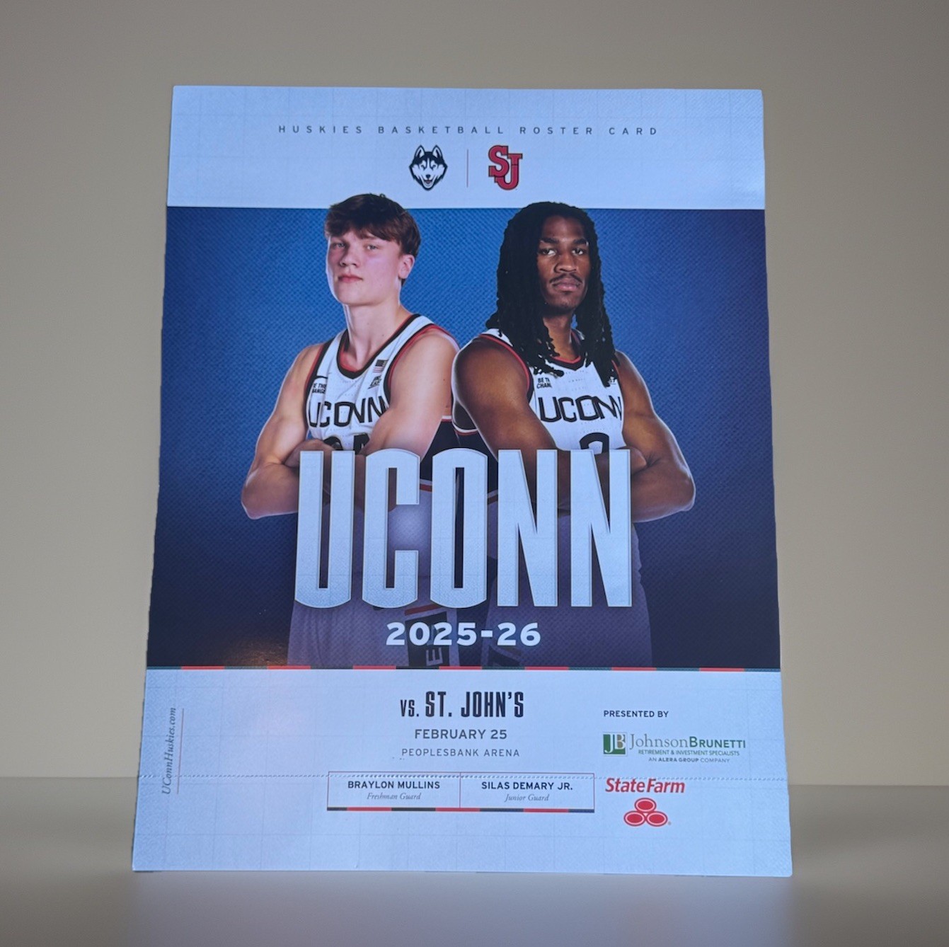 2026 UCONN MENS BASKETBALL ROSTER CARD CONNECTICUT BRAYLON MULLINS SILAS DEMARY