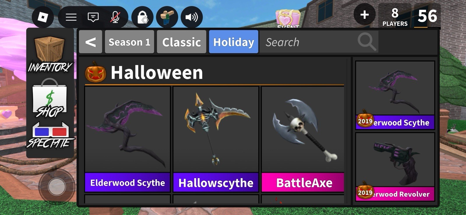 Murder Mystery 2 halloween. Elderwood scythe, elderwood gun, hallowscythe/gun