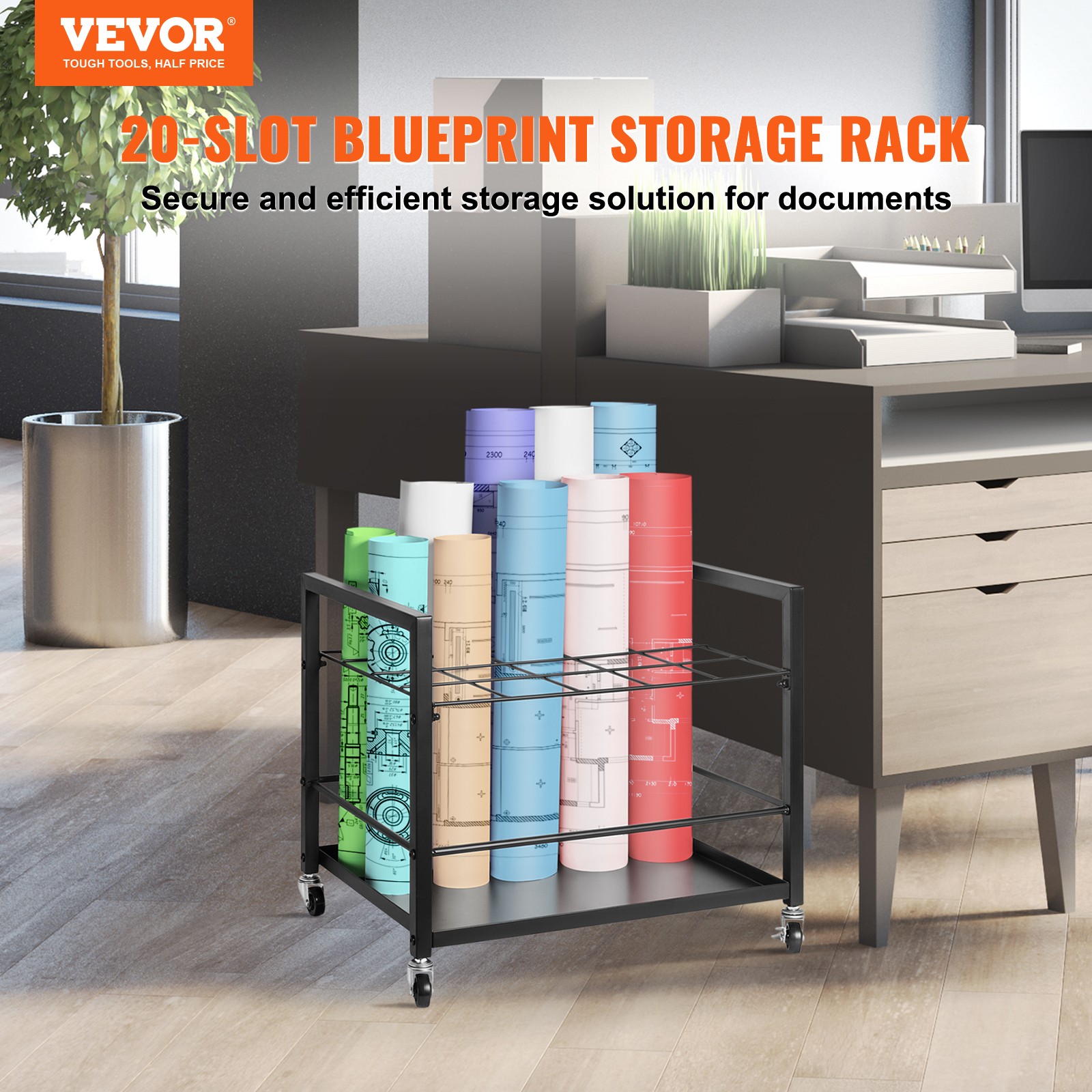 VEVOR Blueprint Storage Rack 20 Slots Mobile Roll File Holder for Architectural