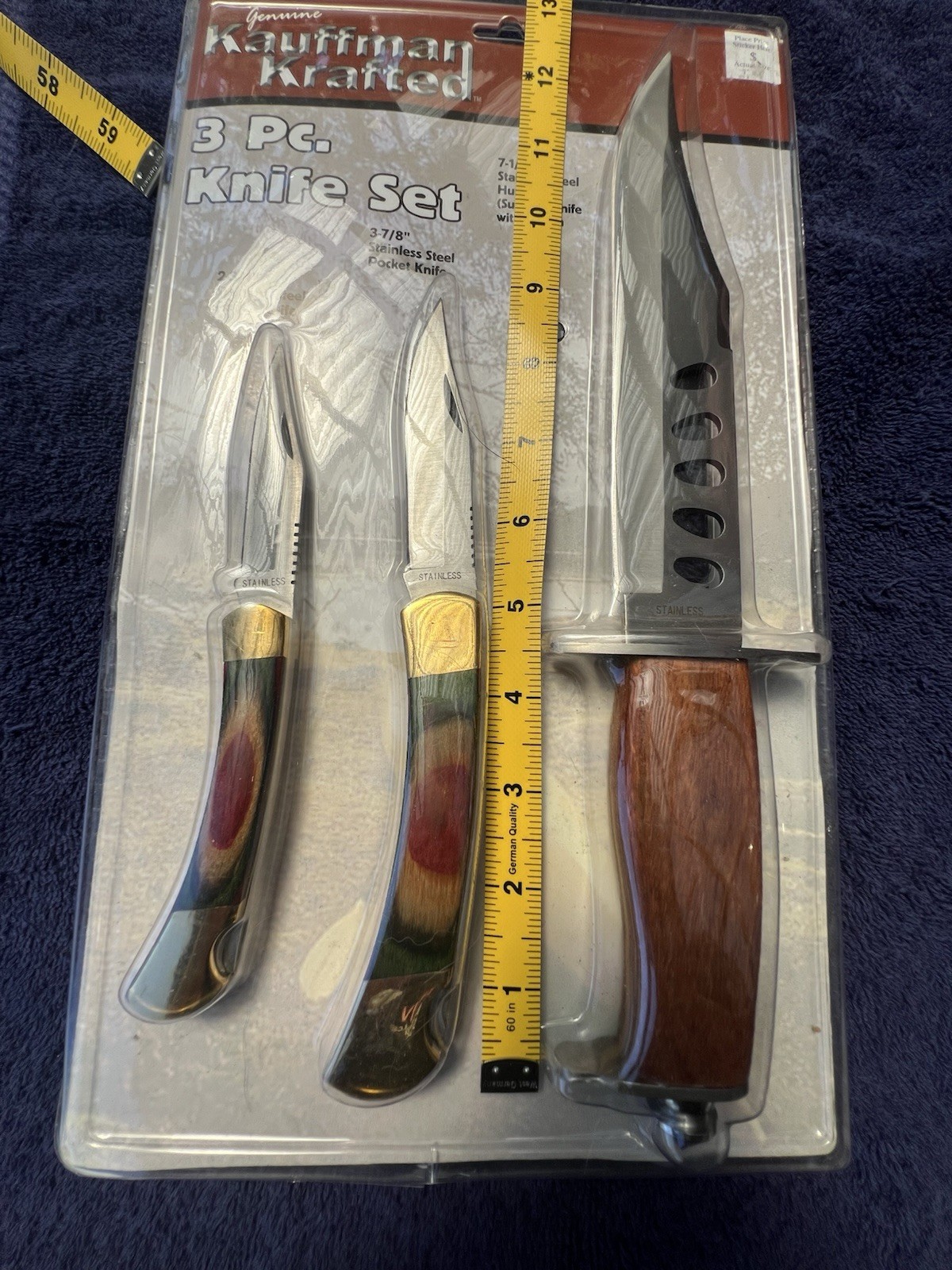Kauffman Krafted 3pc Hunting Knife Set, Stainless Clip Point, Wood, Sheath