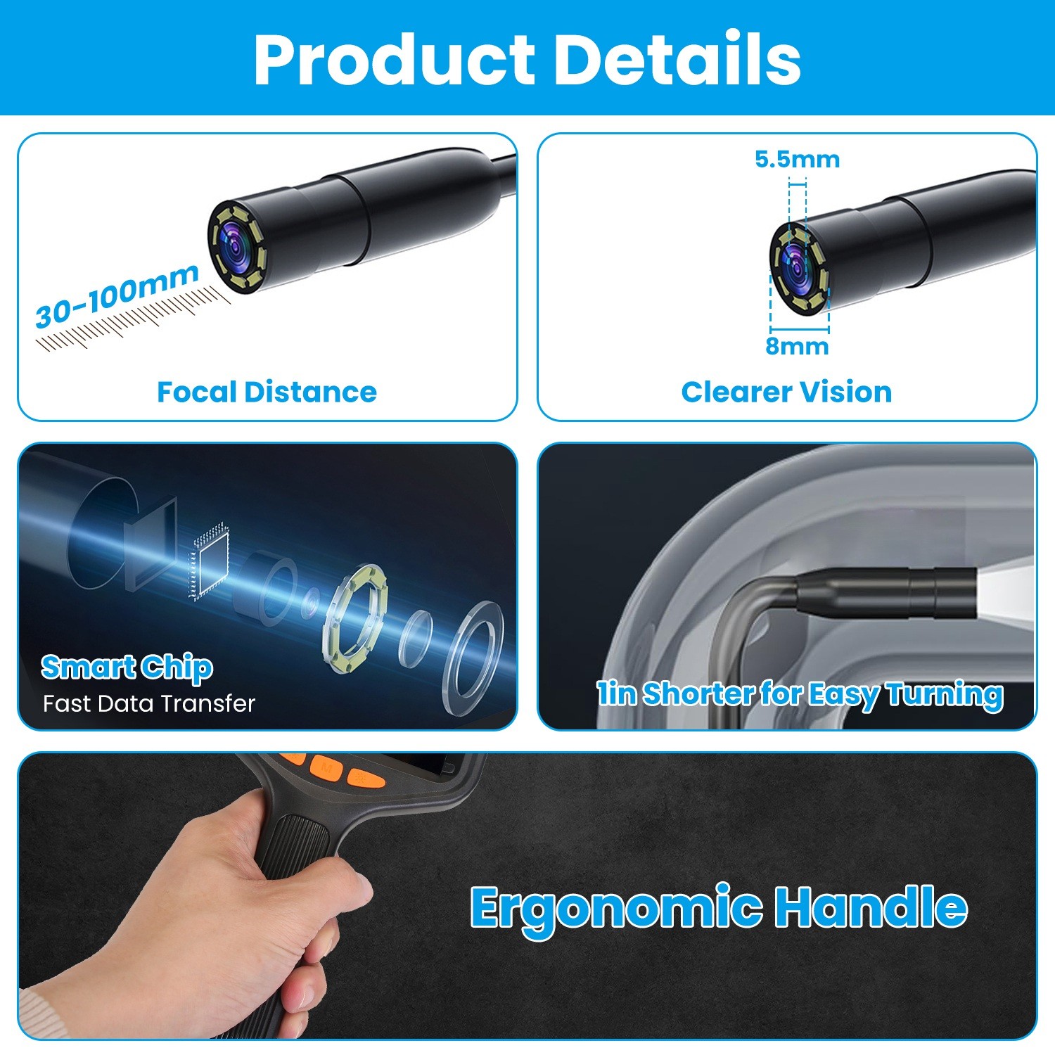 4.3in Articulating Endoscope Camera, 16.4ft Wire, IP67 Waterproof, 2 Modes