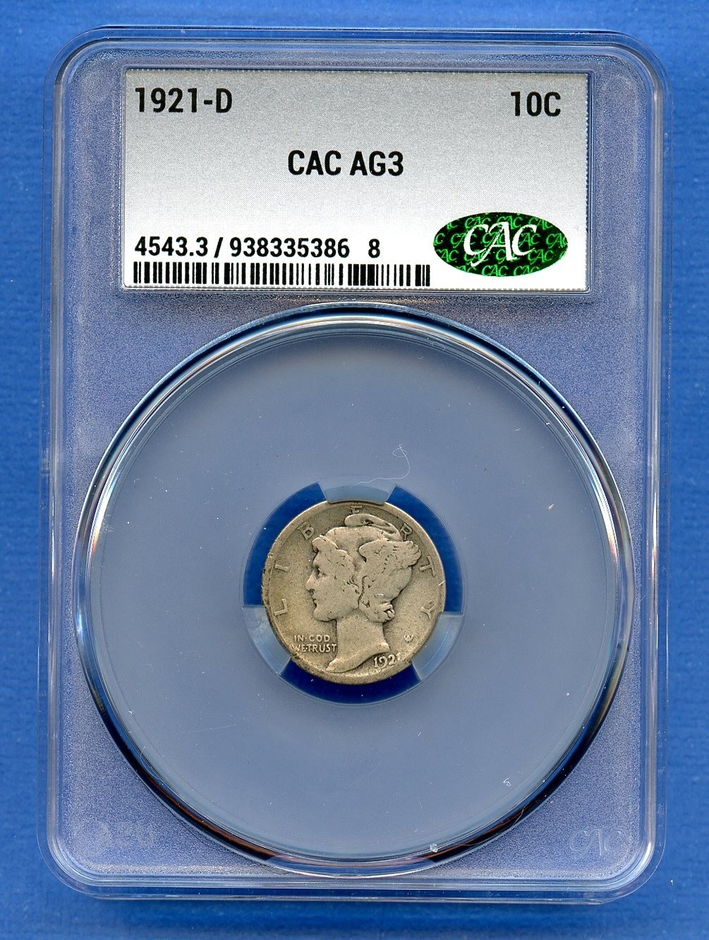1921 D CAC AG3 Mercury Dime 10c US Mint Silver Coin Rare Key 1921-D AG-03 CACG