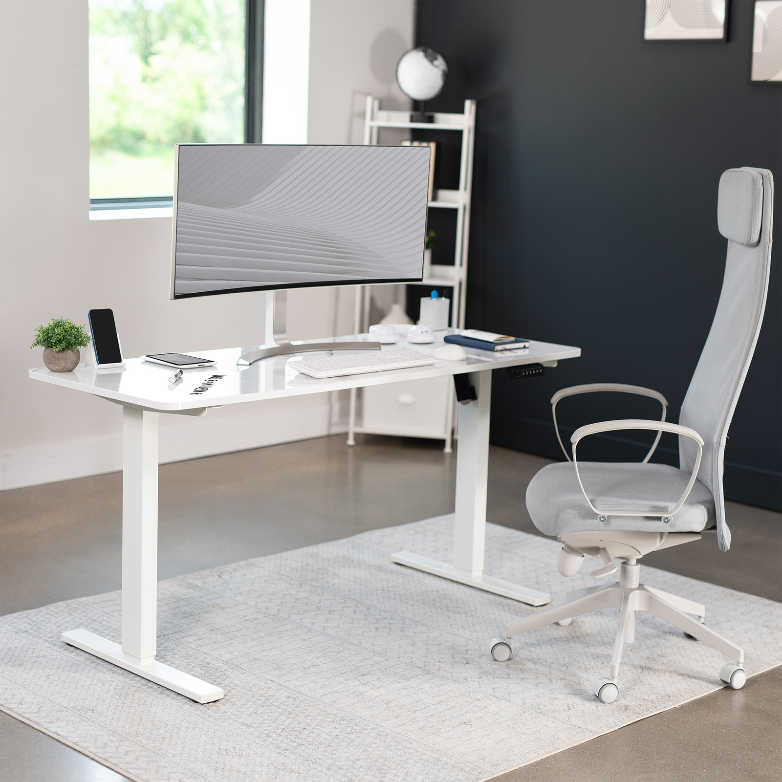 VIVO Electric 60” x 24” Stand Up Desk, White Marble Dry Erase Top, White Frame