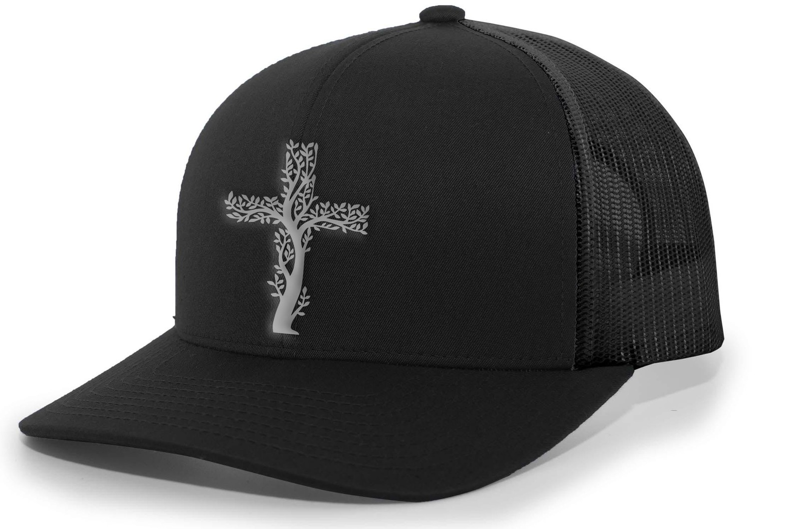 Mens Christian Hat Tree Cross Embroidered Mesh Back Trucker Hat, Black/Black