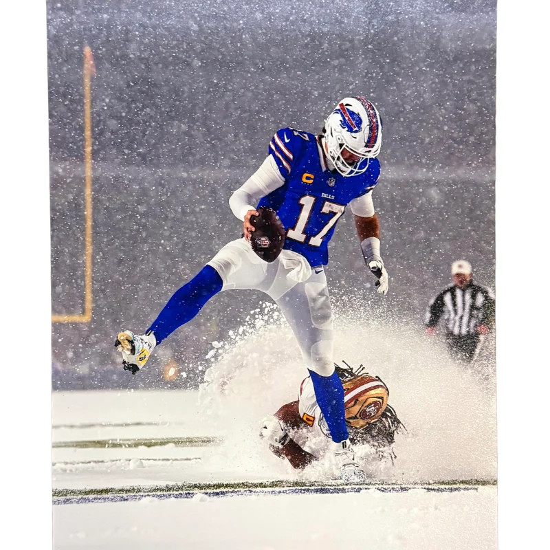 Josh Allen Unsigned Looking Down in Snow vs 49ers 8x10 Photo