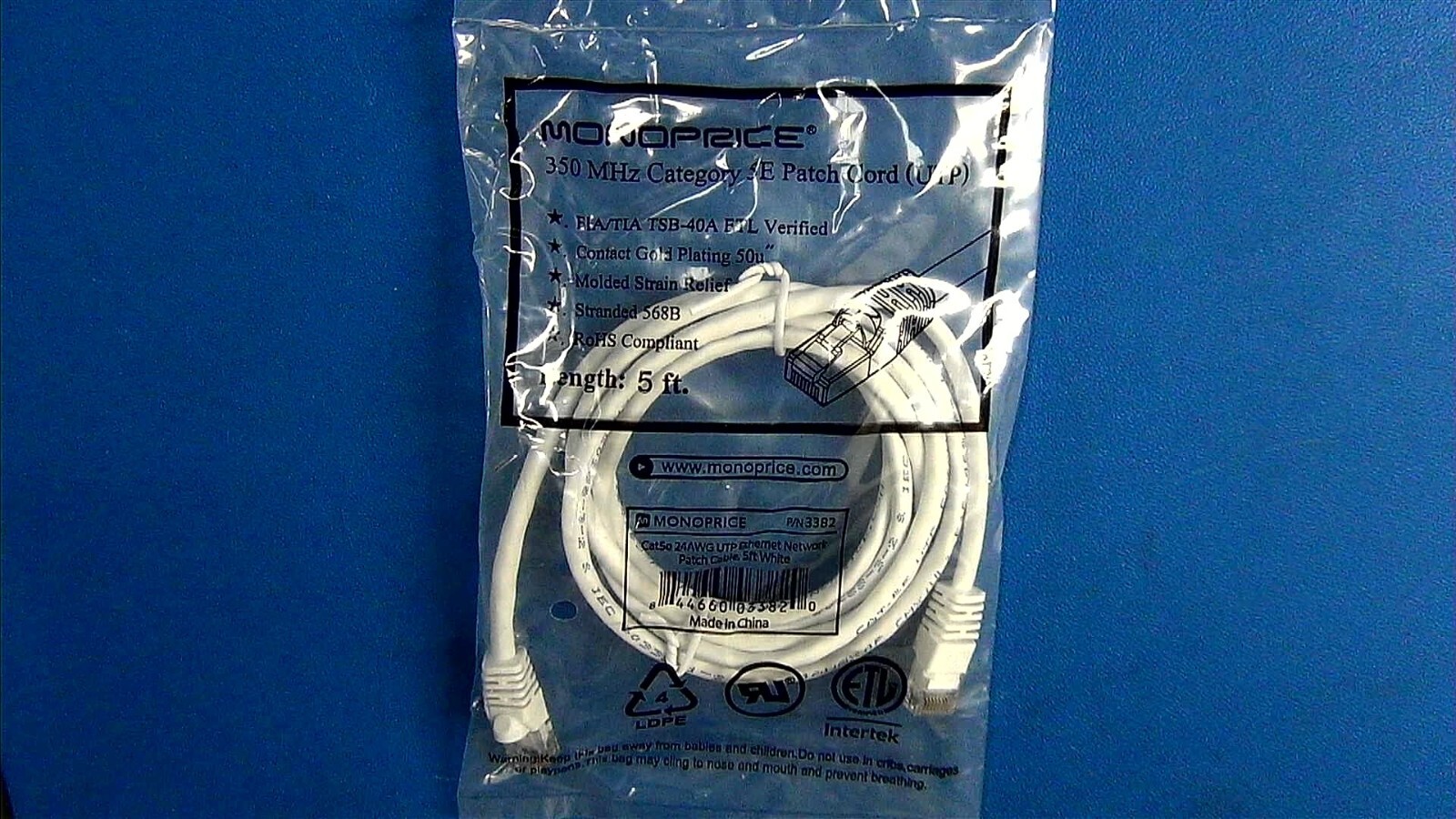 MONOPRICE P/N 3382 Ethernet Network Patch Cable, Cat5e White, 5.0 ft.
