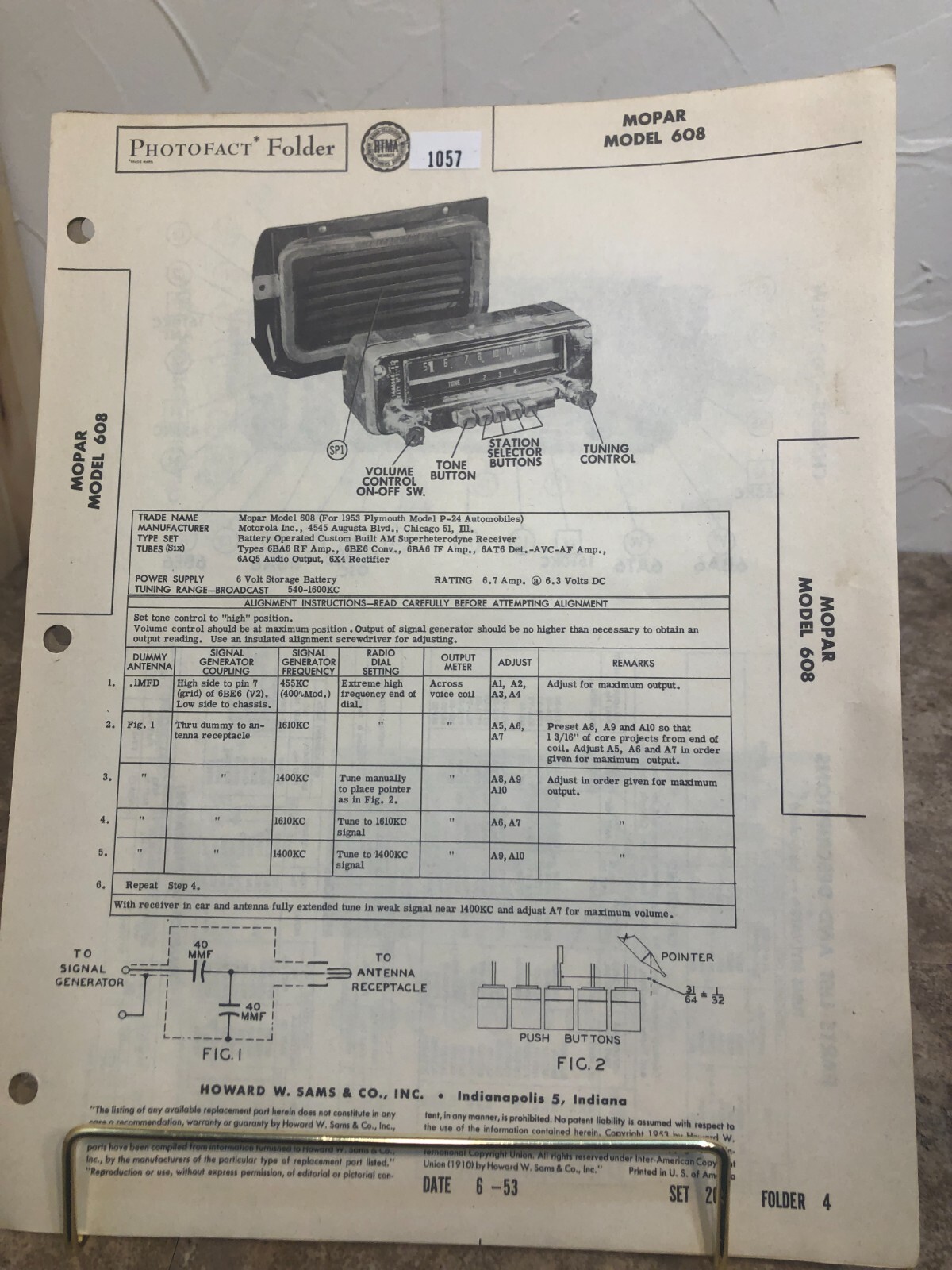 PF 1953s PLYMOUTH P-24 - Mopar AUT0 RADIO Model 608 Repair Data Manual READ
