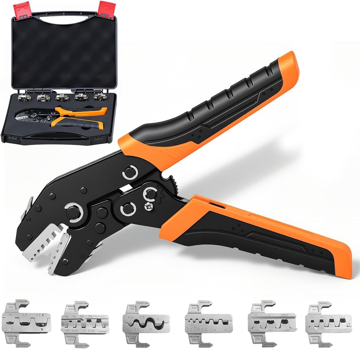 6-in-1 Wire Crimping Tool Kit with 6 Quick-Change Dies (40Cr), Ratcheting Crimpe