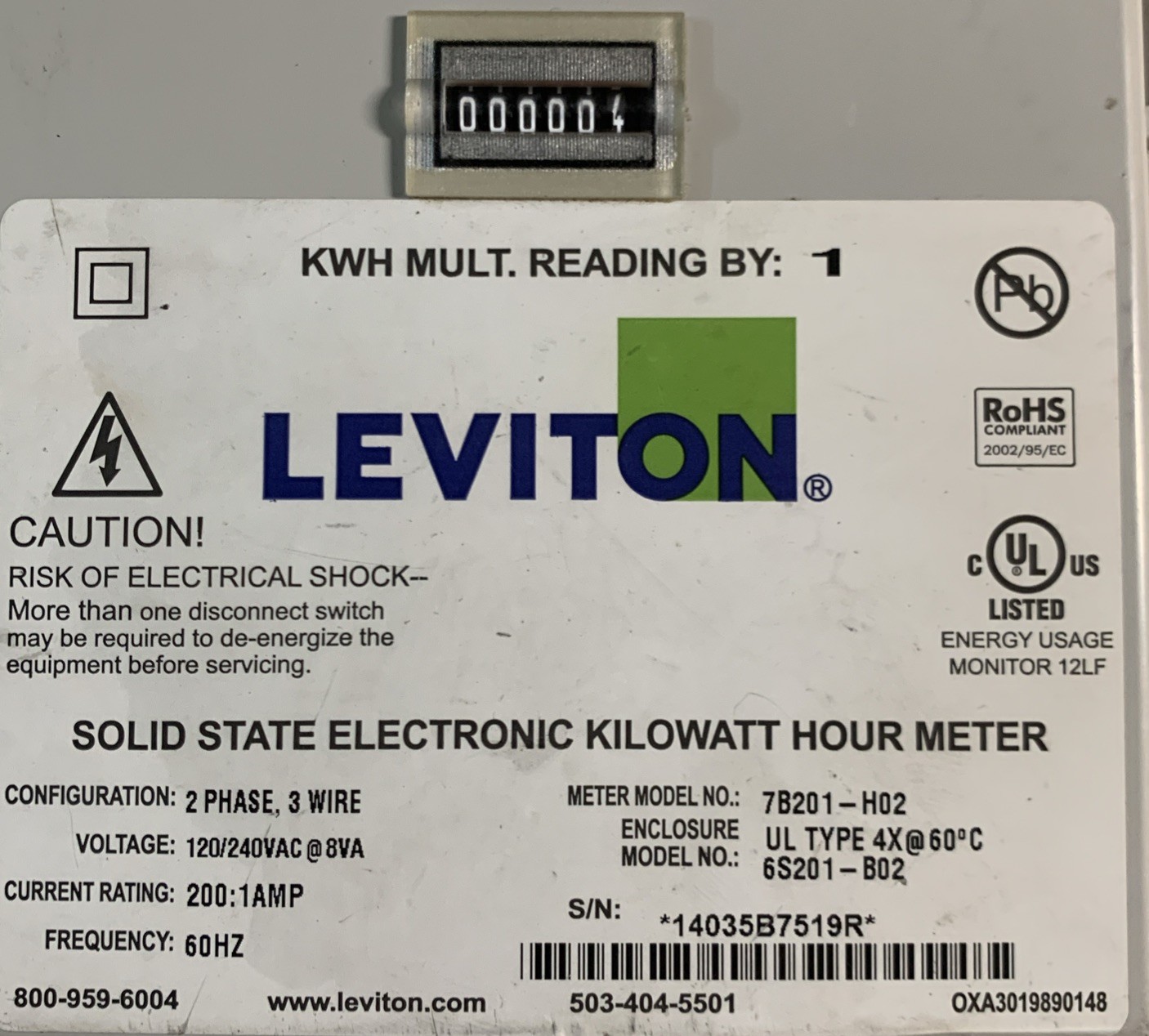 Leviton 6S201-B02 Solid State Electronic Kilowatt Hour Meter (NEW Missing Parts)
