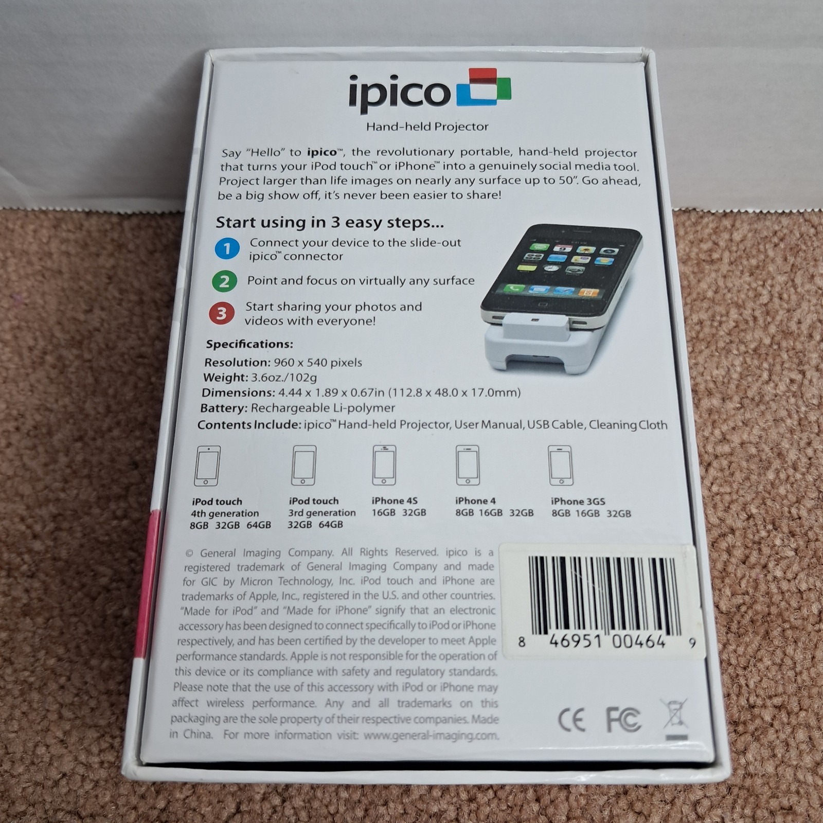 Ipico Hand Held Projector For iPod and iPhone General Imaging PJ205 Open Box